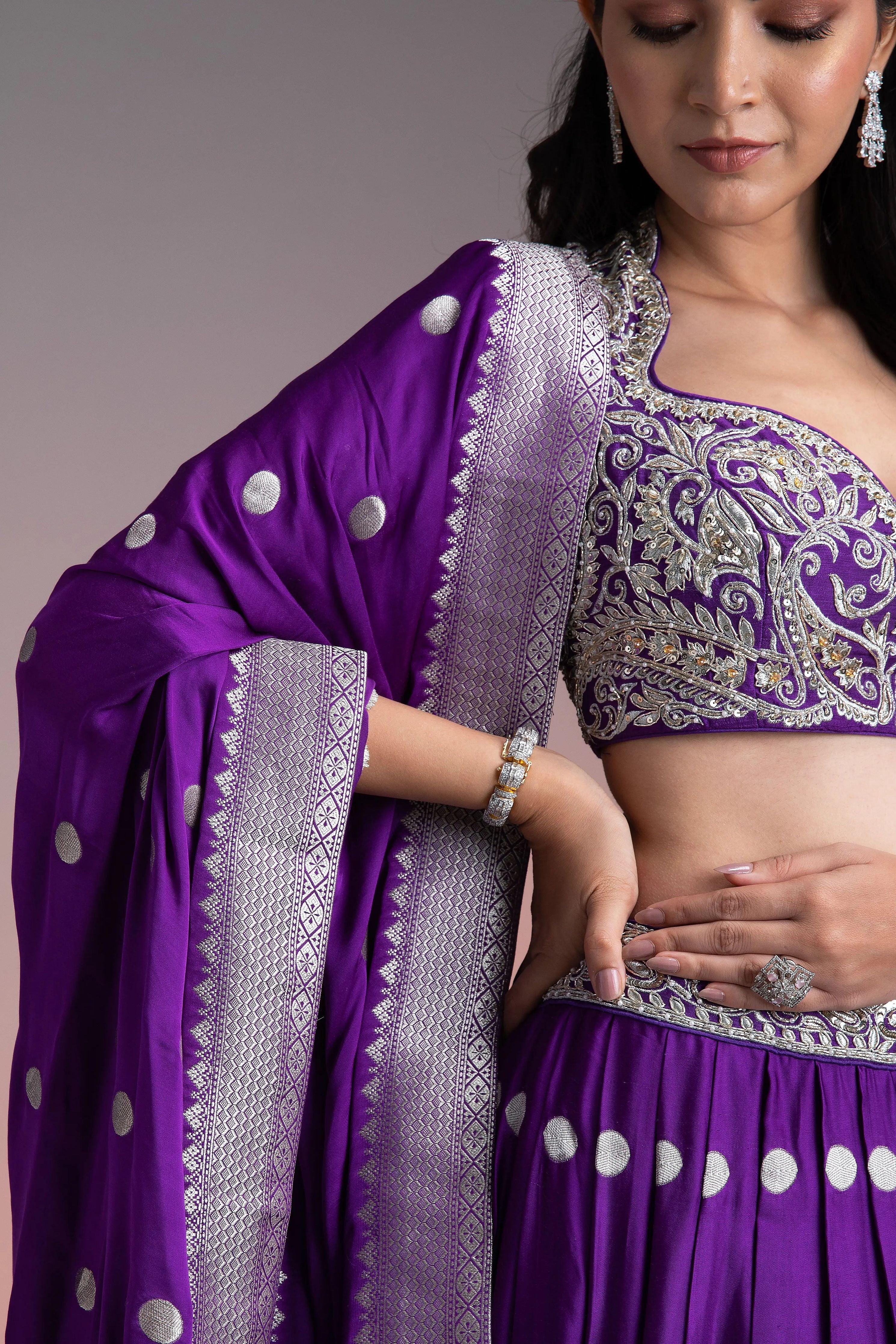 Deep Purple Silk Lehenga with Silver Brocade and Banarasi Dupatta Mokshaa