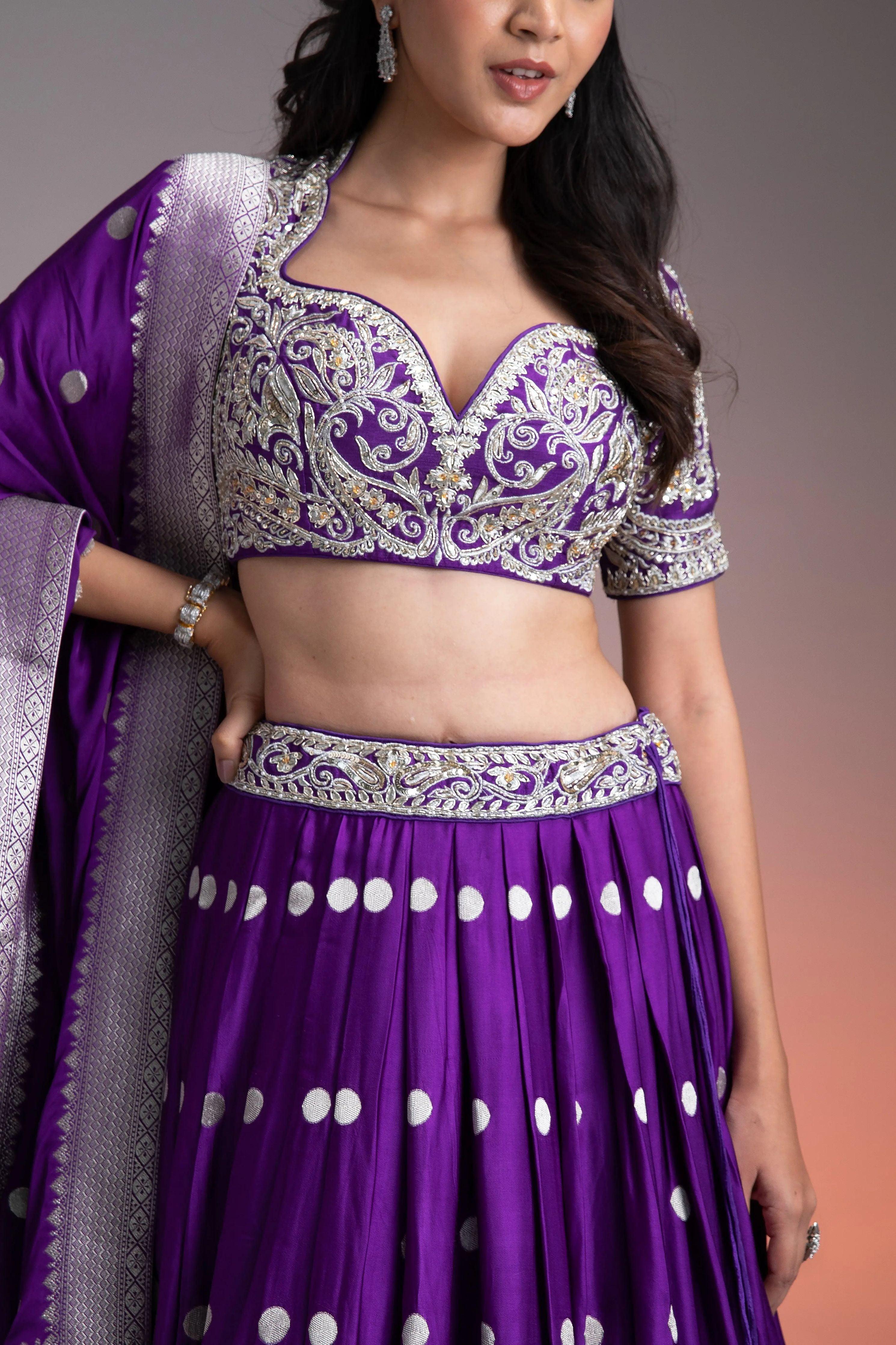 Deep Purple Silk Lehenga with Silver Brocade and Banarasi Dupatta Mokshaa