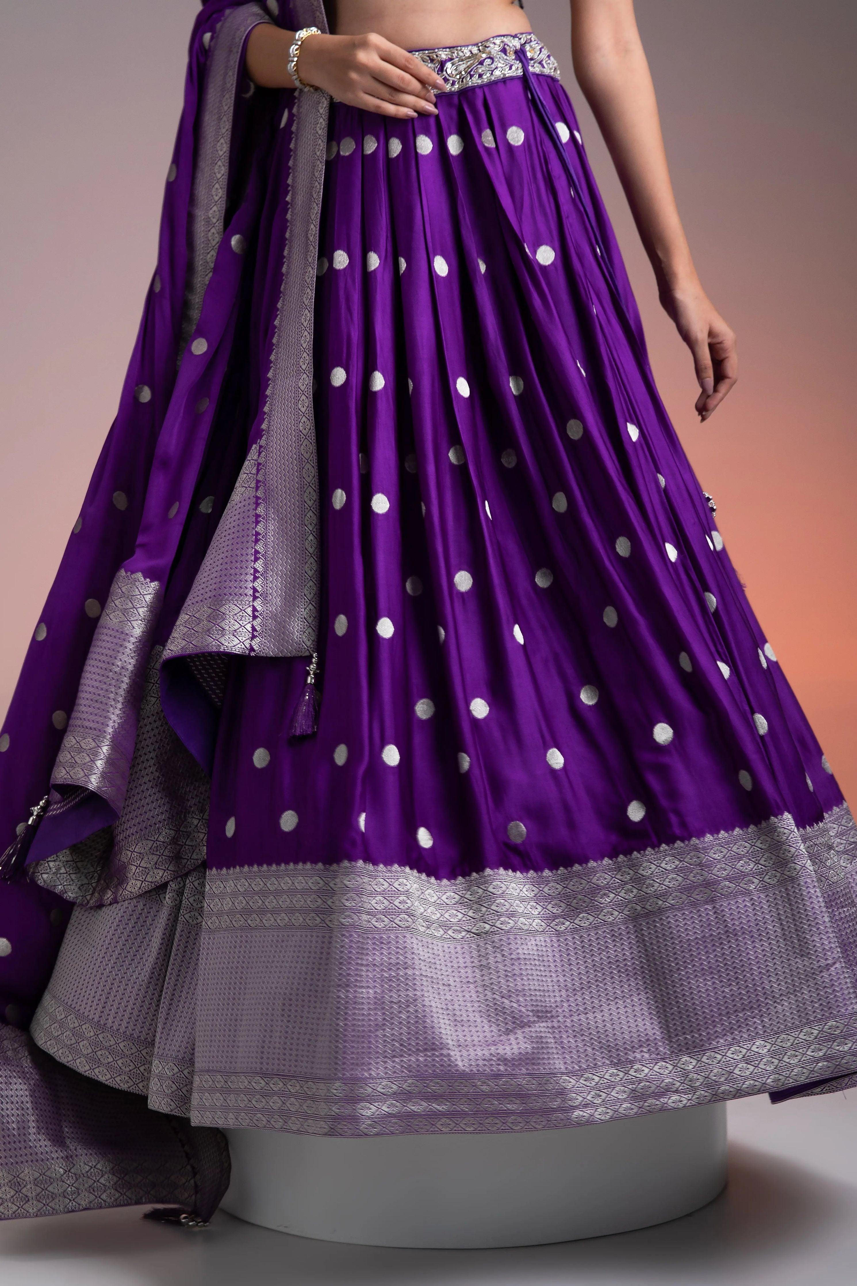 Deep Purple Silk Lehenga with Silver Brocade and Banarasi Dupatta Mokshaa
