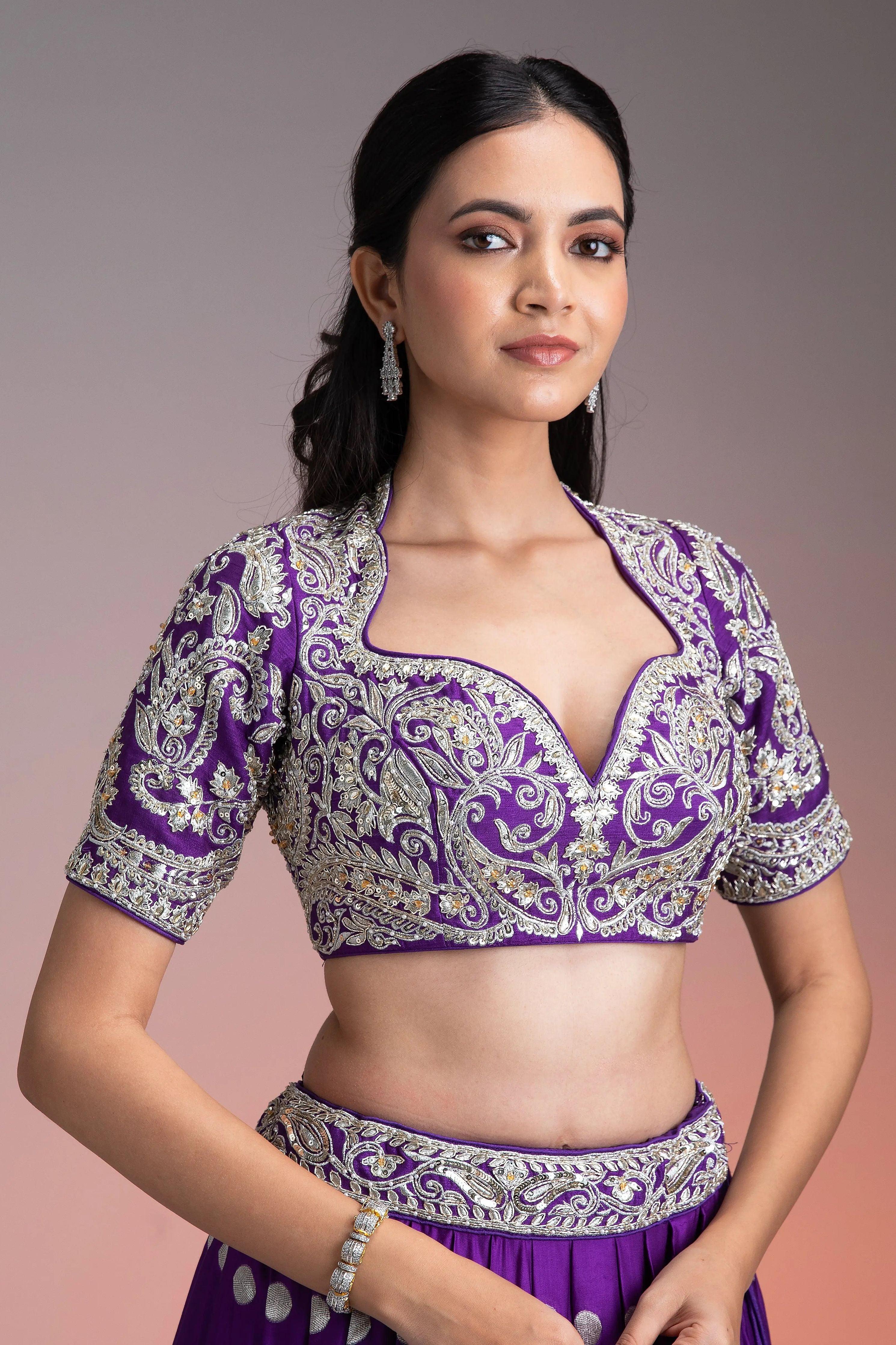Deep Purple Silk Lehenga with Silver Brocade and Banarasi Dupatta Mokshaa