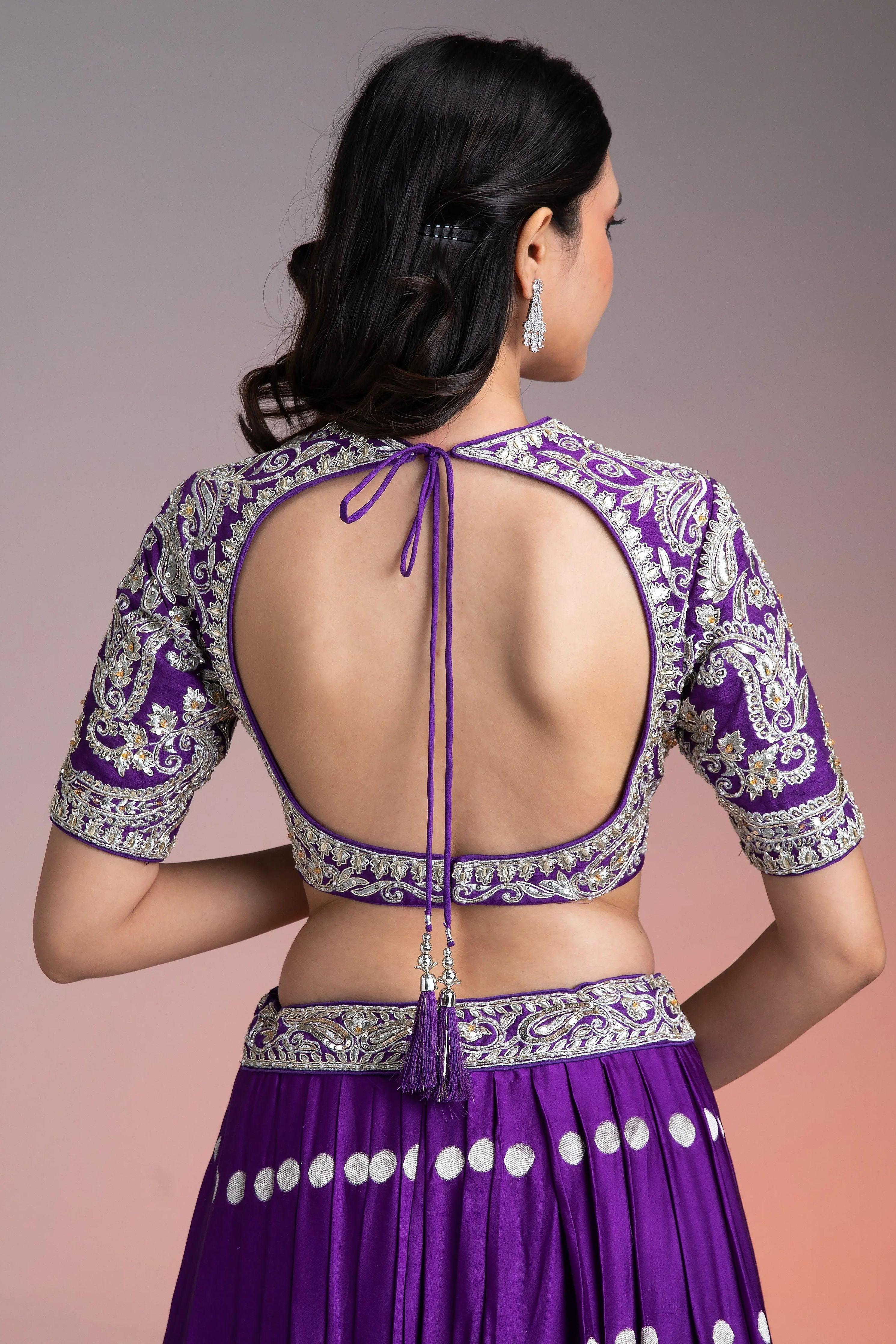Deep Purple Silk Lehenga with Silver Brocade and Banarasi Dupatta Mokshaa