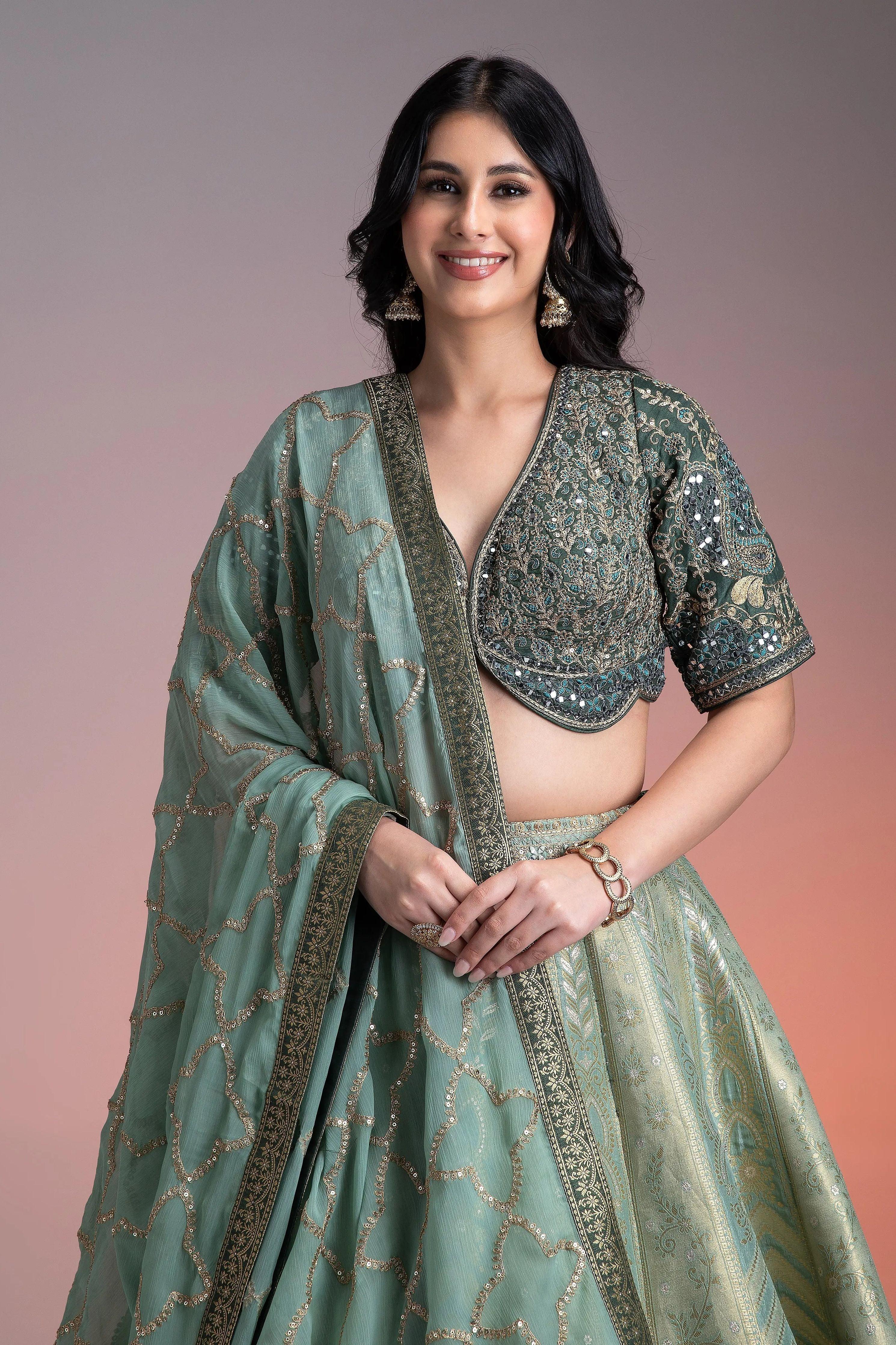 Sage Green Shaded Banarasi Silk Lehenga Mokshaa