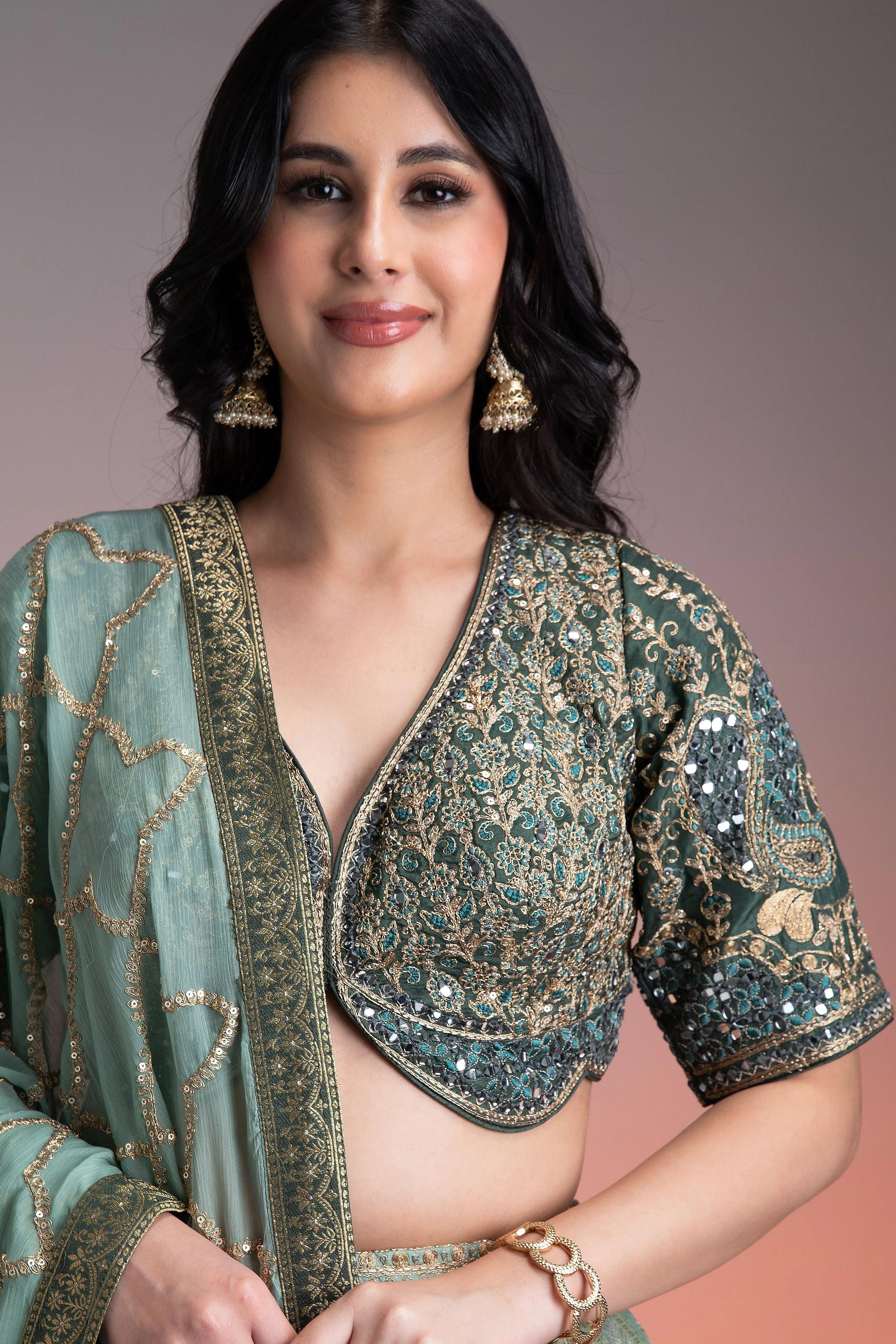 Sage Green Shaded Banarasi Silk Lehenga Mokshaa