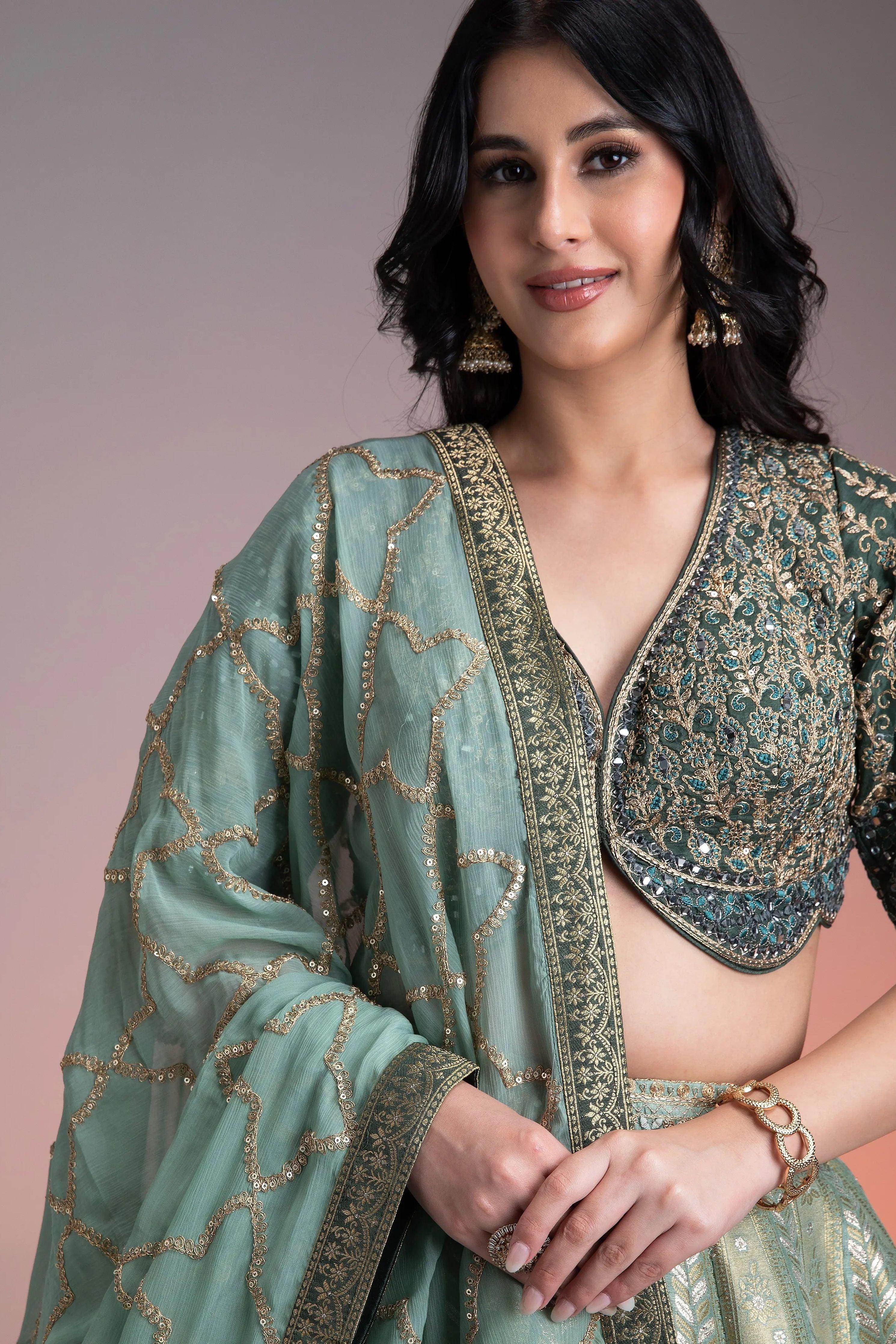 Sage Green Shaded Banarasi Silk Lehenga Mokshaa