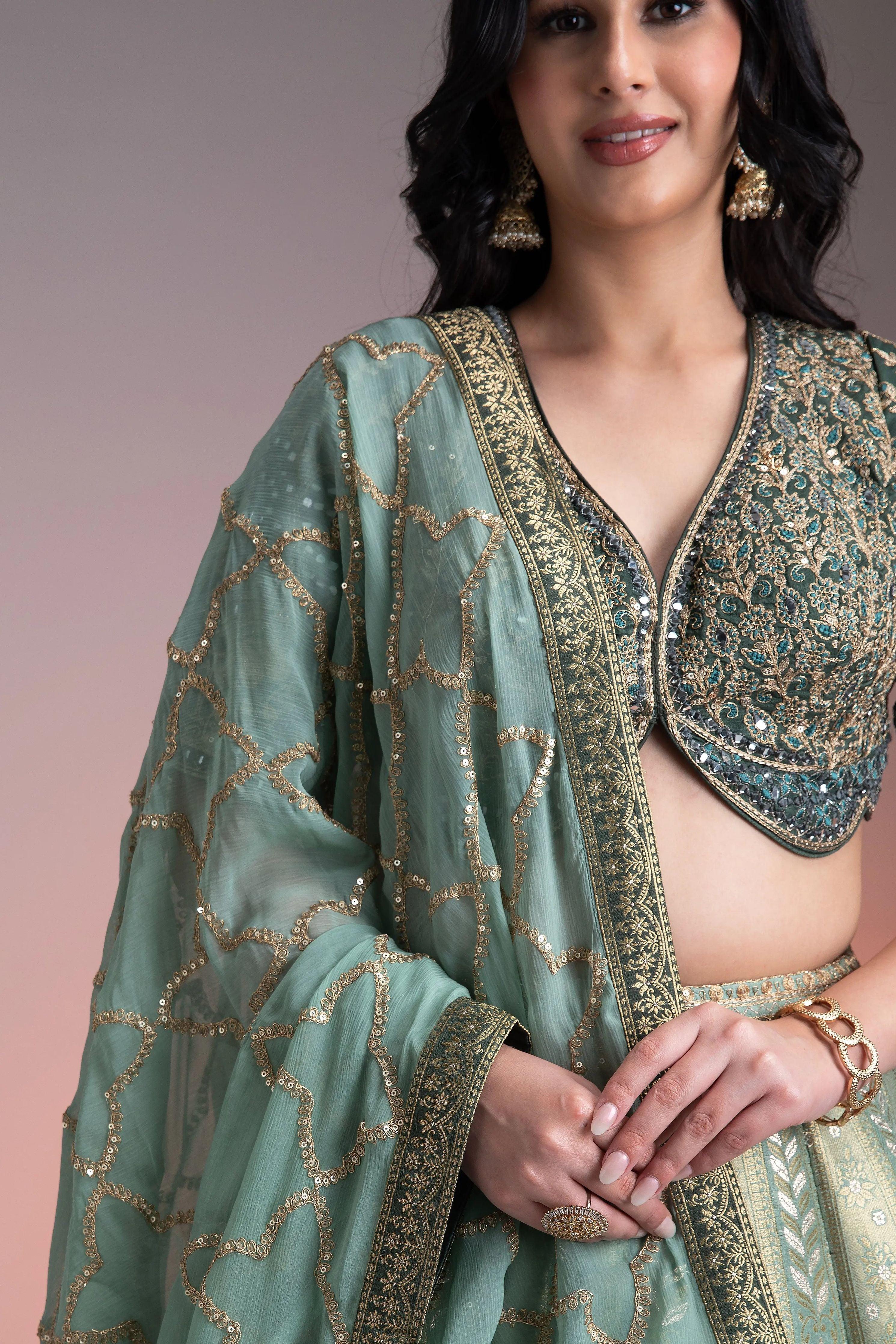 Sage Green Shaded Banarasi Silk Lehenga Mokshaa