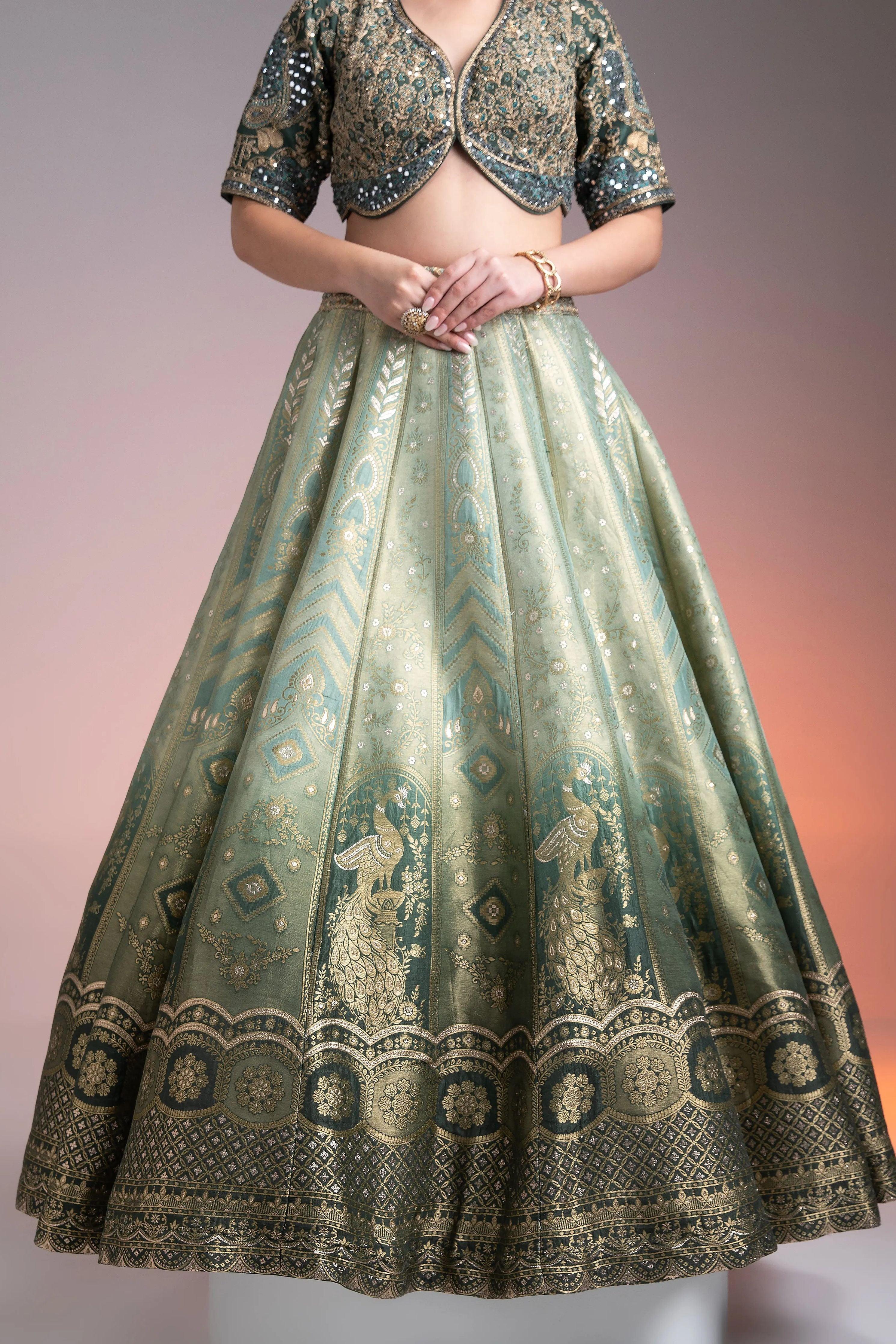 Sage Green Shaded Banarasi Silk Lehenga Mokshaa
