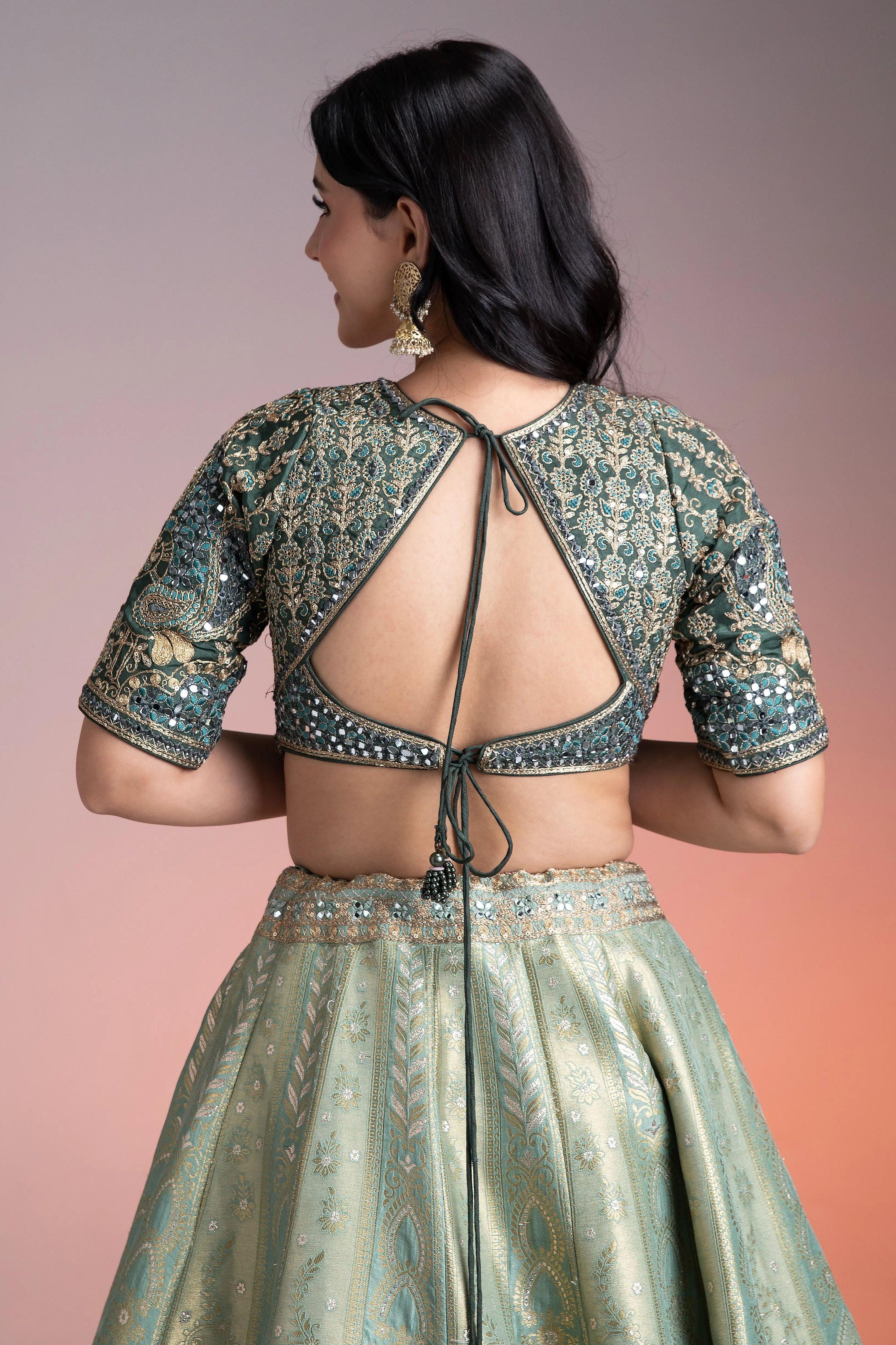 Sage Green Shaded Banarasi Silk Lehenga Mokshaa