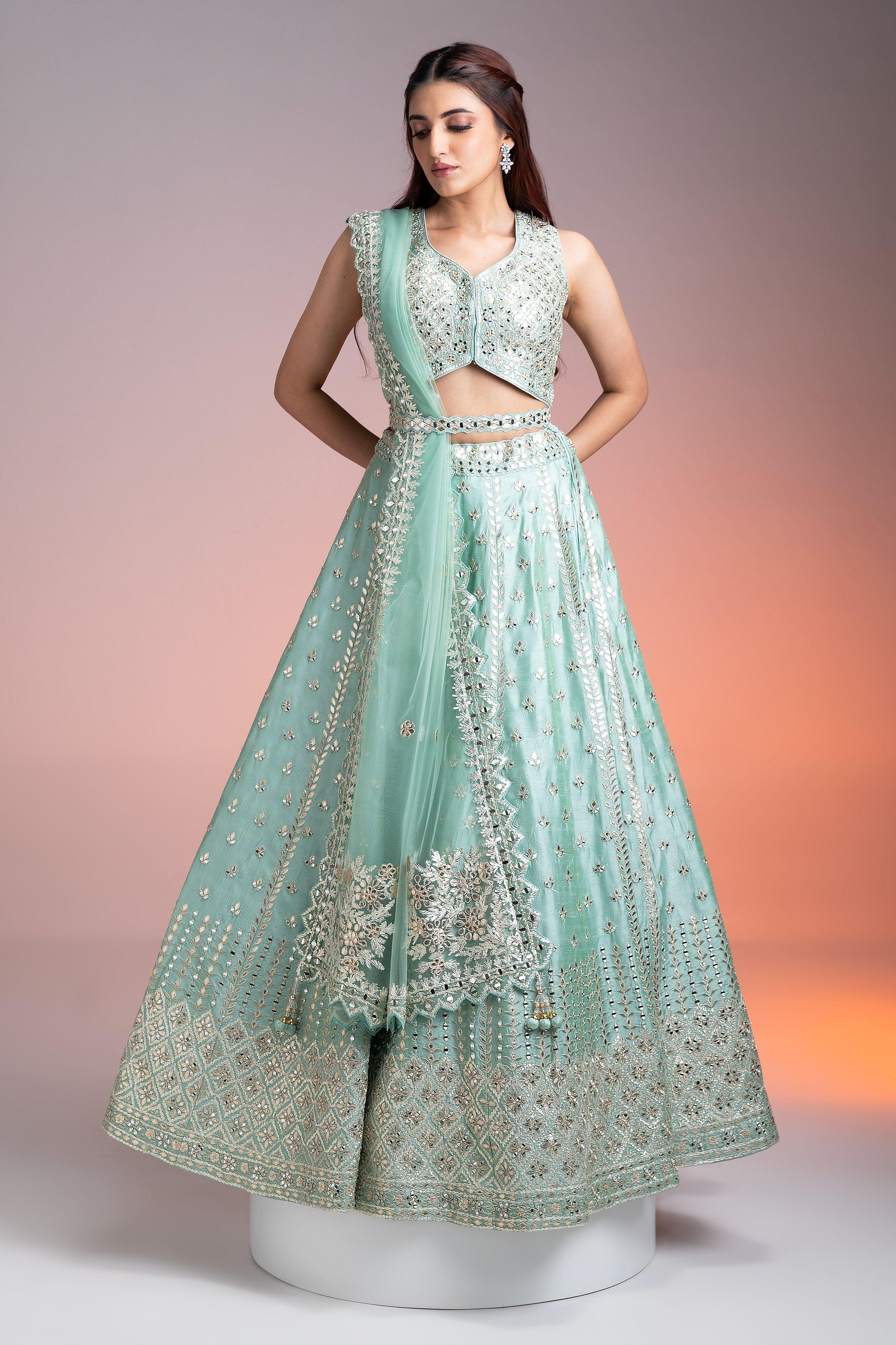 Mint Green Raw Silk Lehenga  Mokshaa