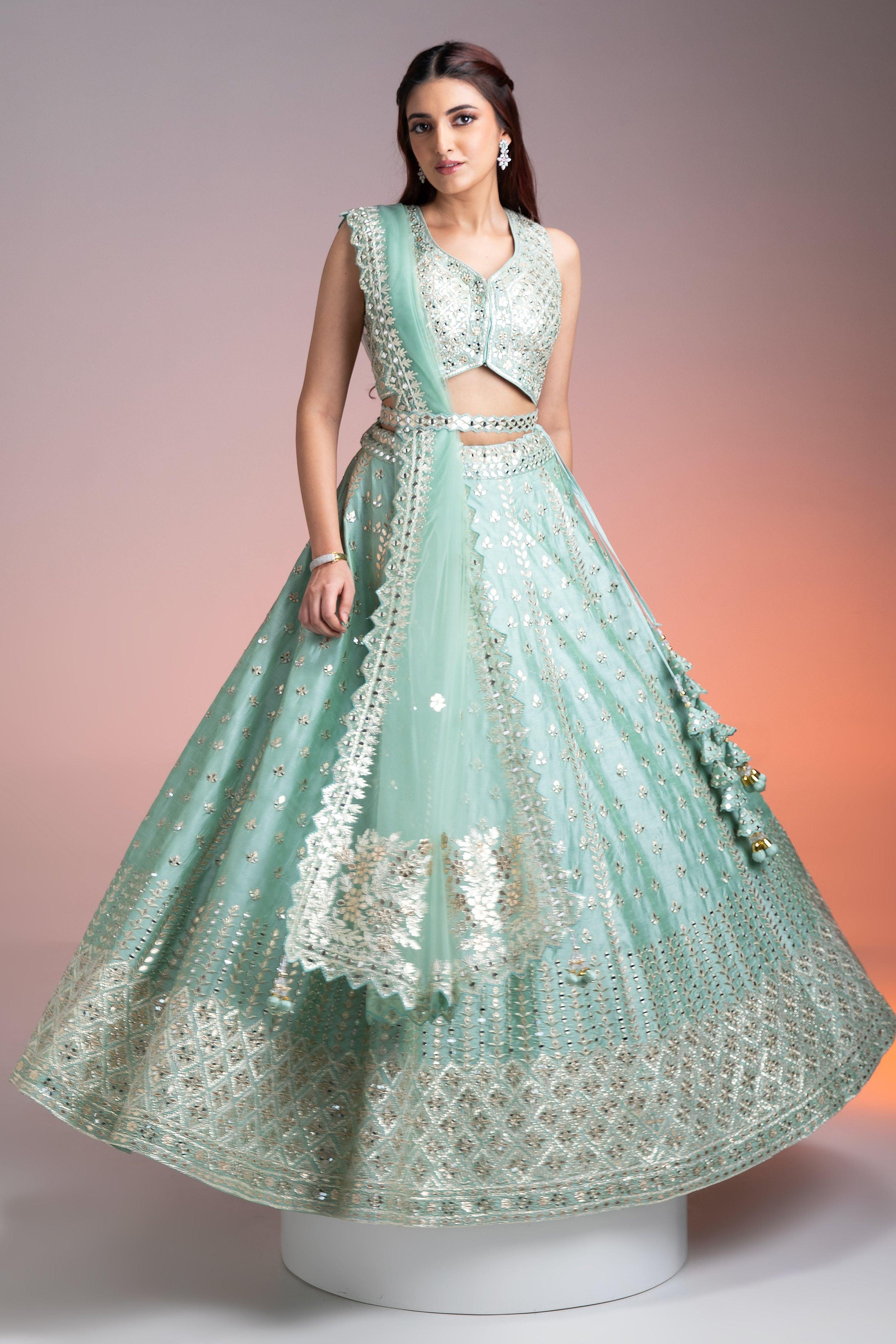 Mint Green Raw Silk Lehenga  Mokshaa