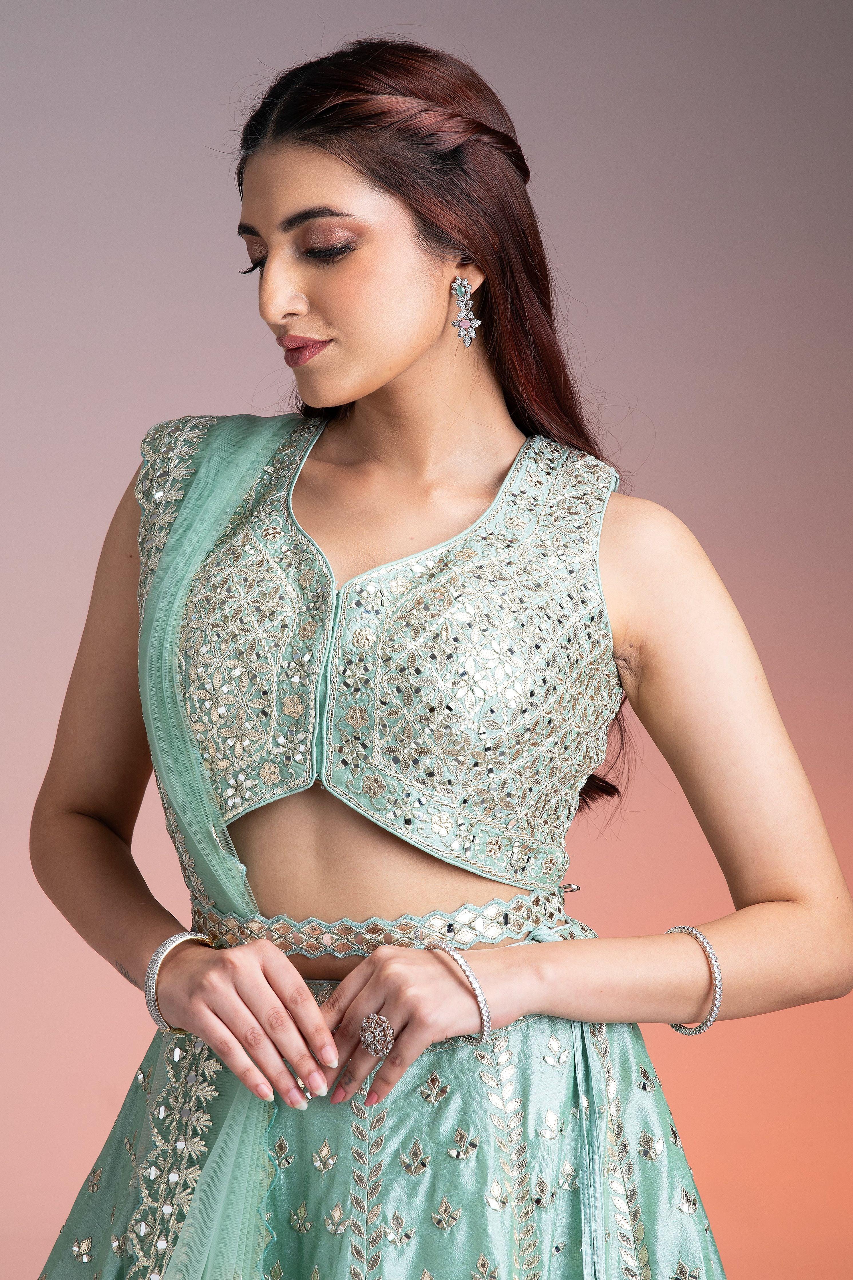 Mint Green Raw Silk Lehenga  Mokshaa