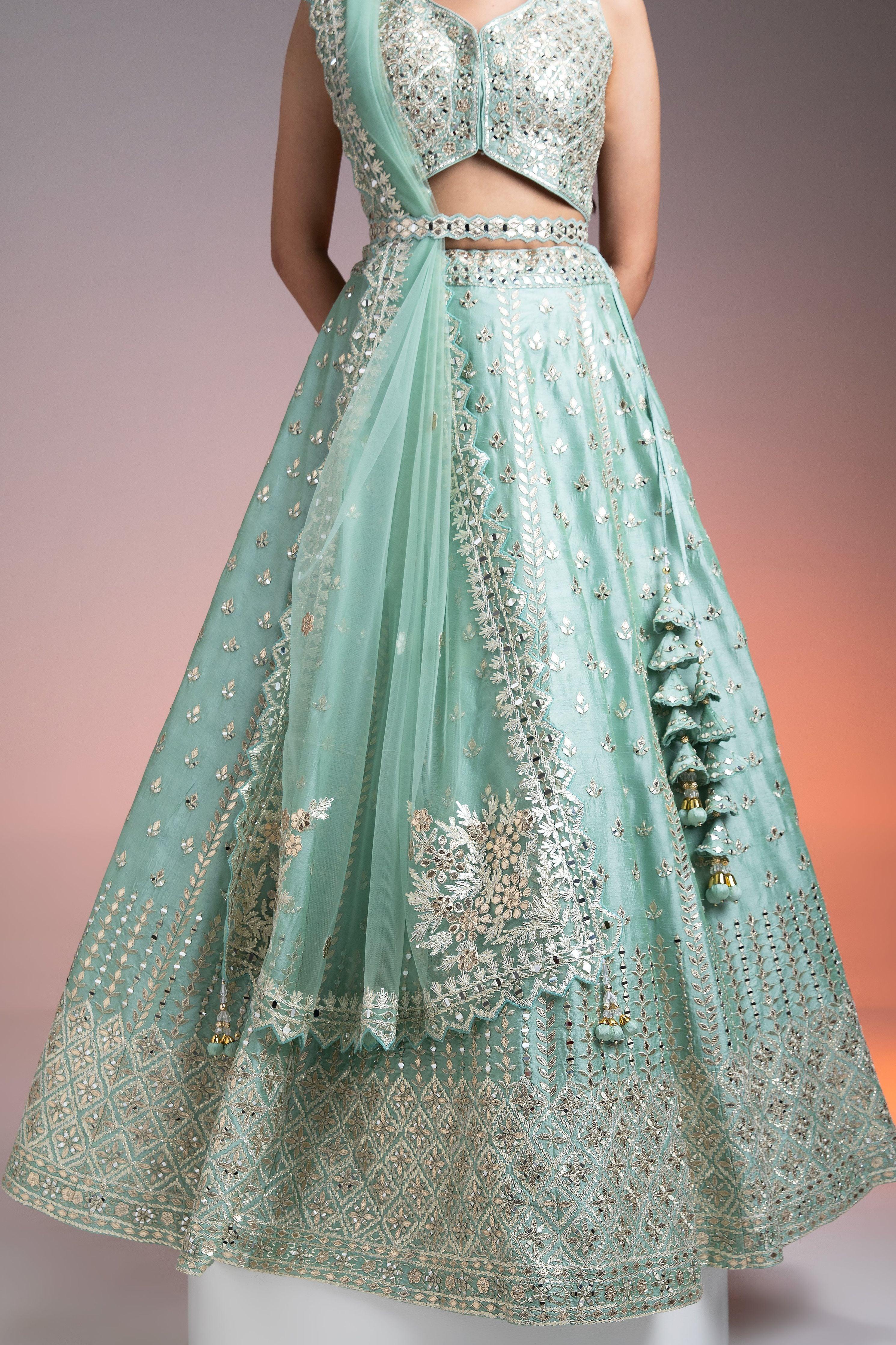 Mint Green Raw Silk Lehenga  Mokshaa