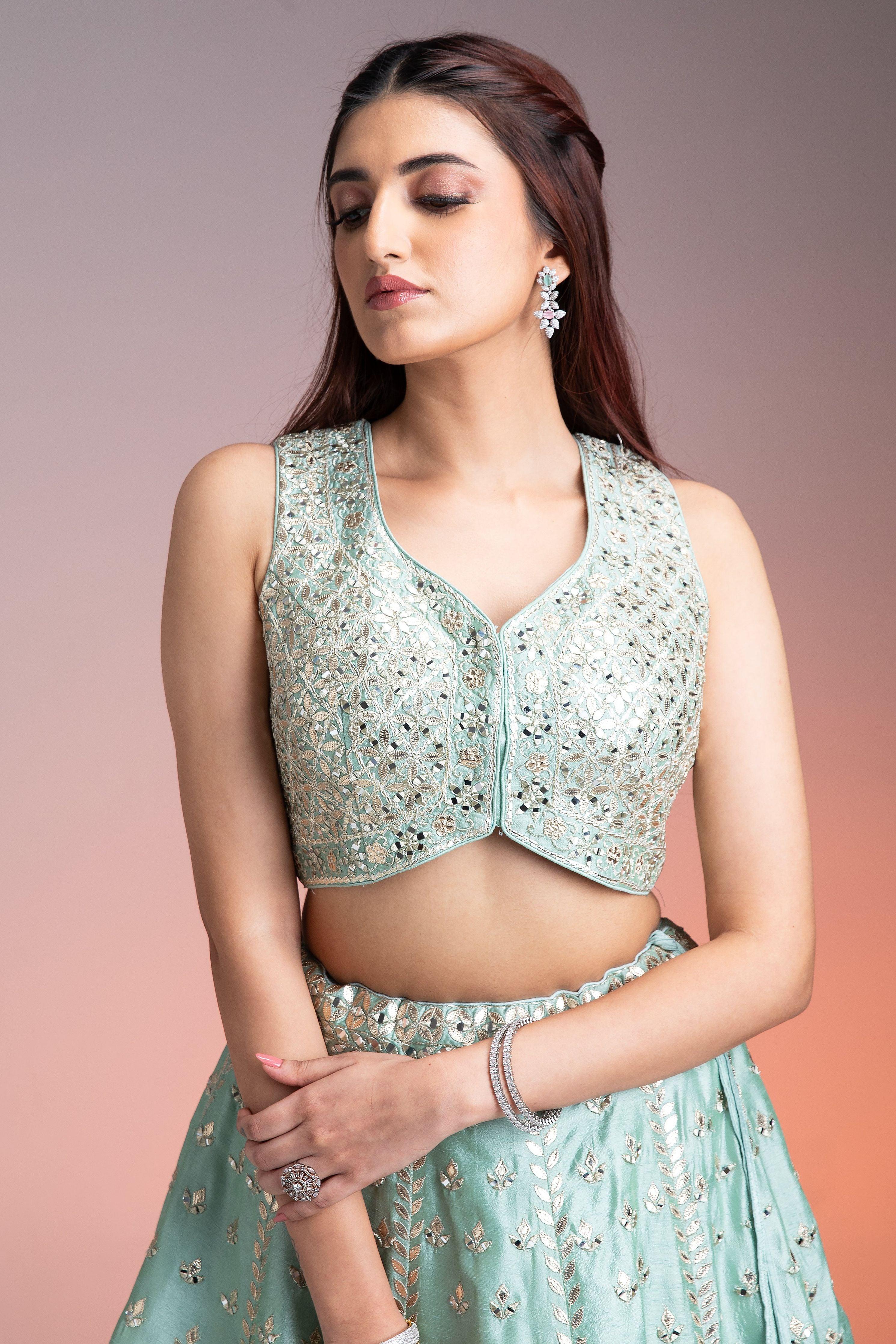 Mint Green Raw Silk Lehenga  Mokshaa