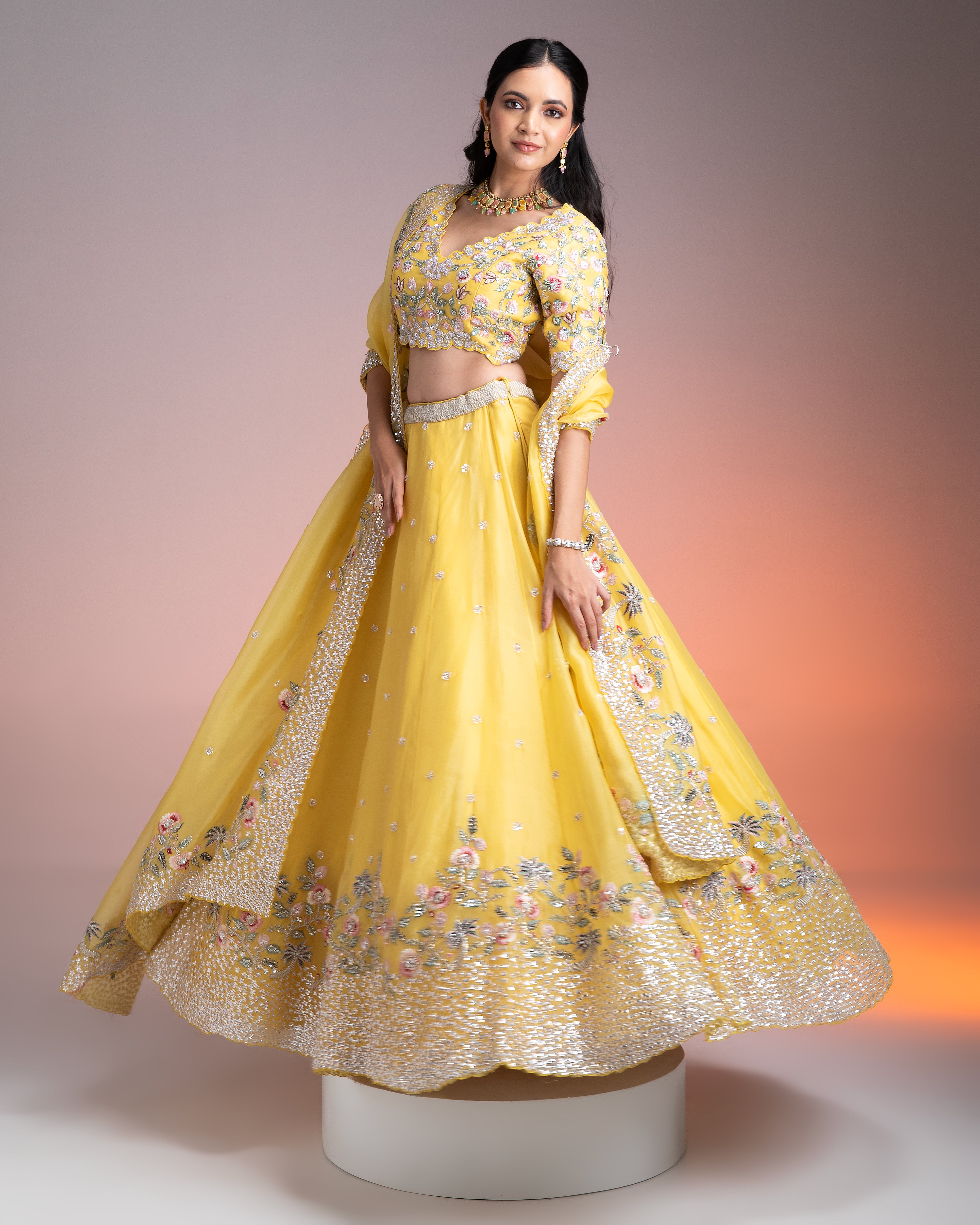 Vibrant Yellow Organza Lehenga with Multicolor Floral Threadwork and Sequins Mokshaa
