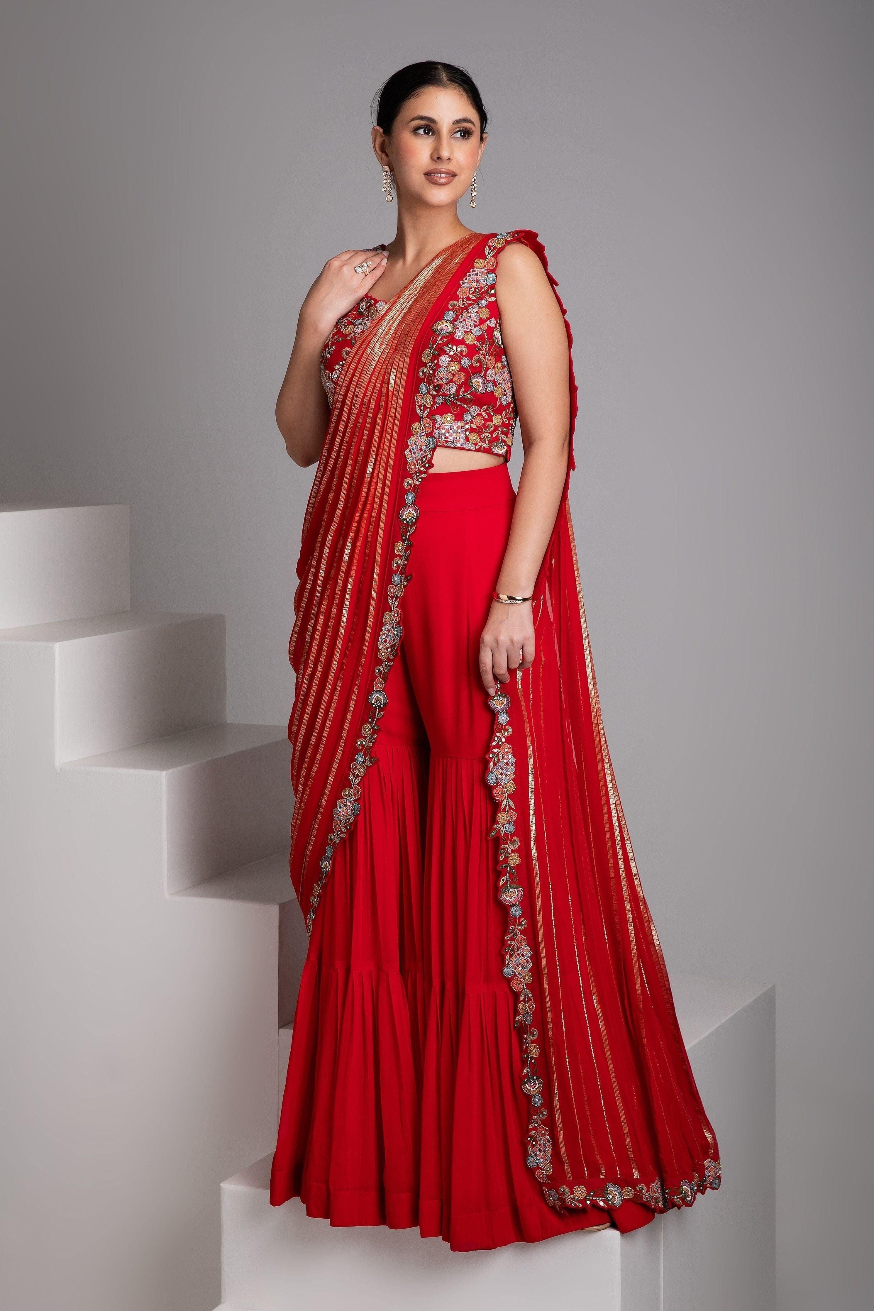 Crimson Red Sharara Set with Draped Dupatta - Mokshaa