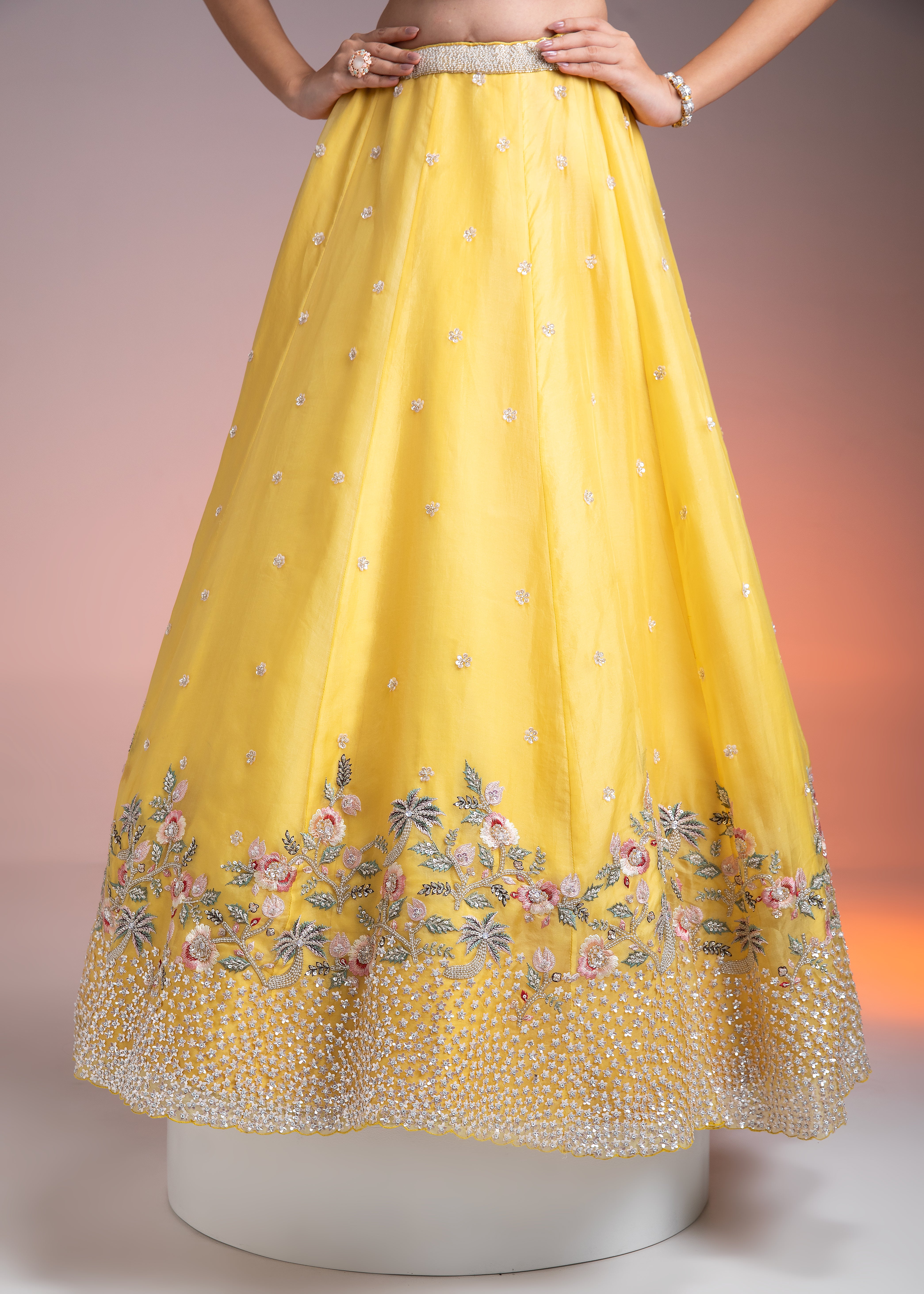 Vibrant Yellow Organza Lehenga with Multicolor Floral Threadwork and Sequins Mokshaa