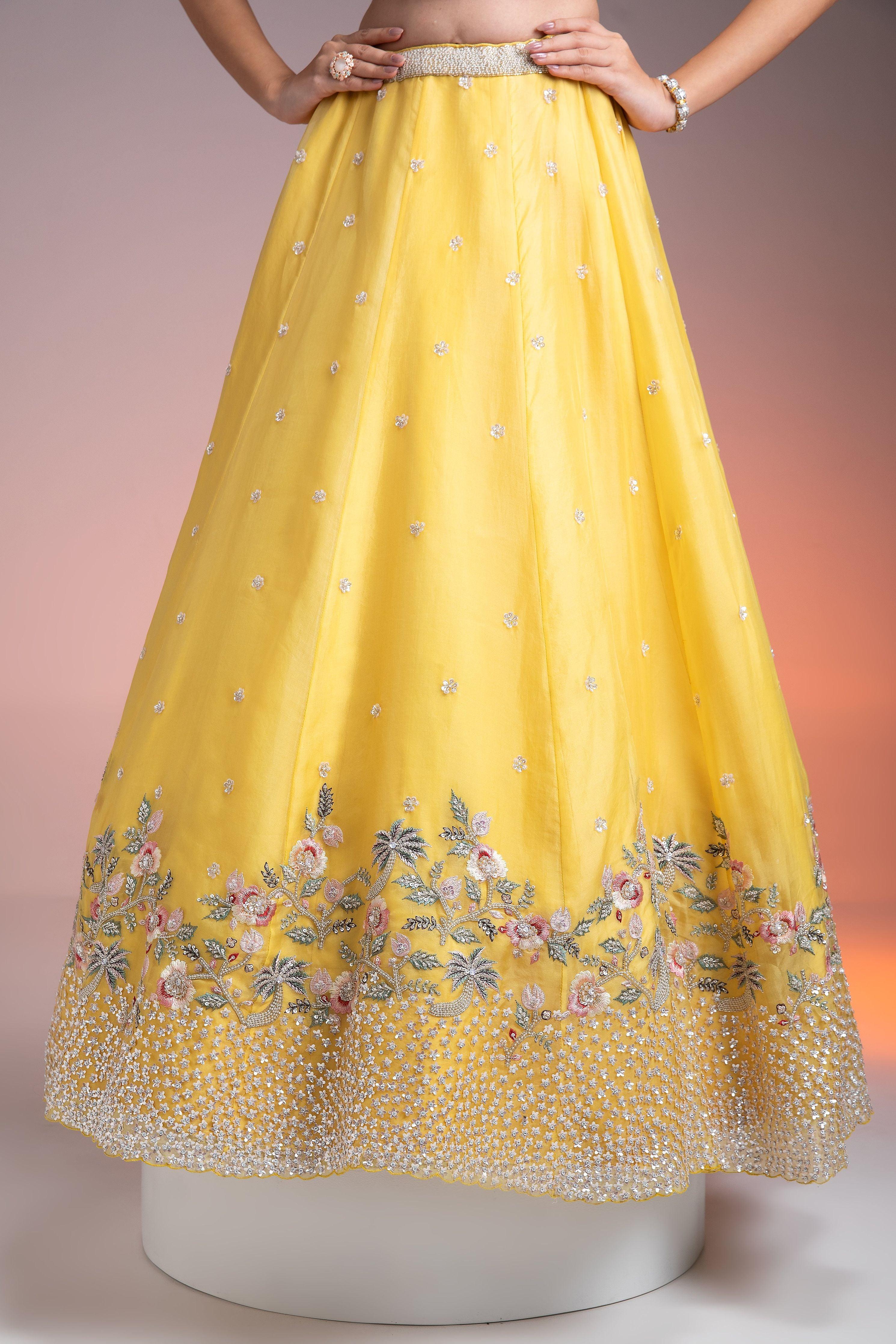 Vibrant Yellow Organza Lehenga with Multicolor Floral Threadwork and Sequins Mokshaa