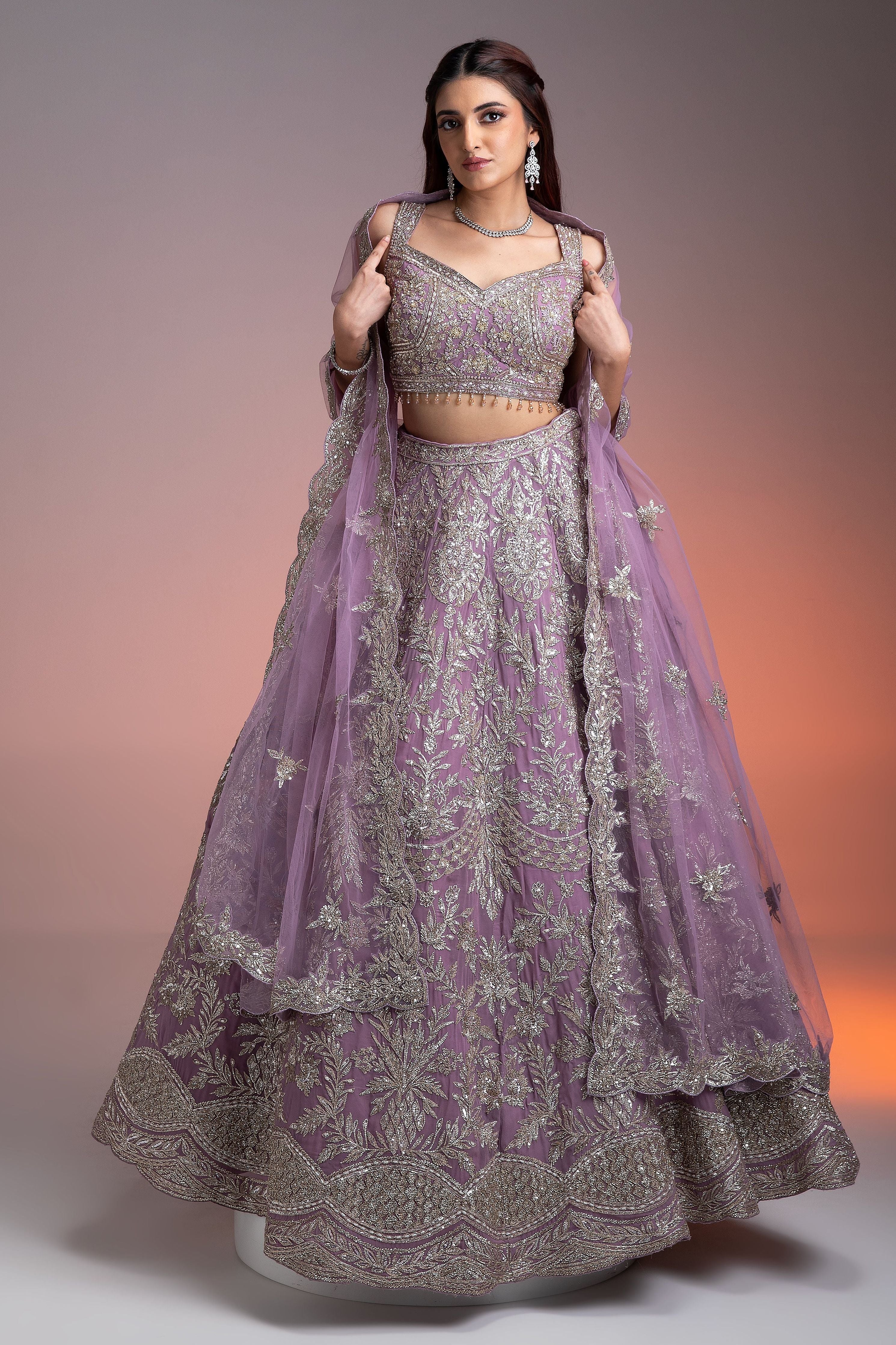 Stunning Lavender Georgette Lehenga with Silver Embroidery Mokshaa