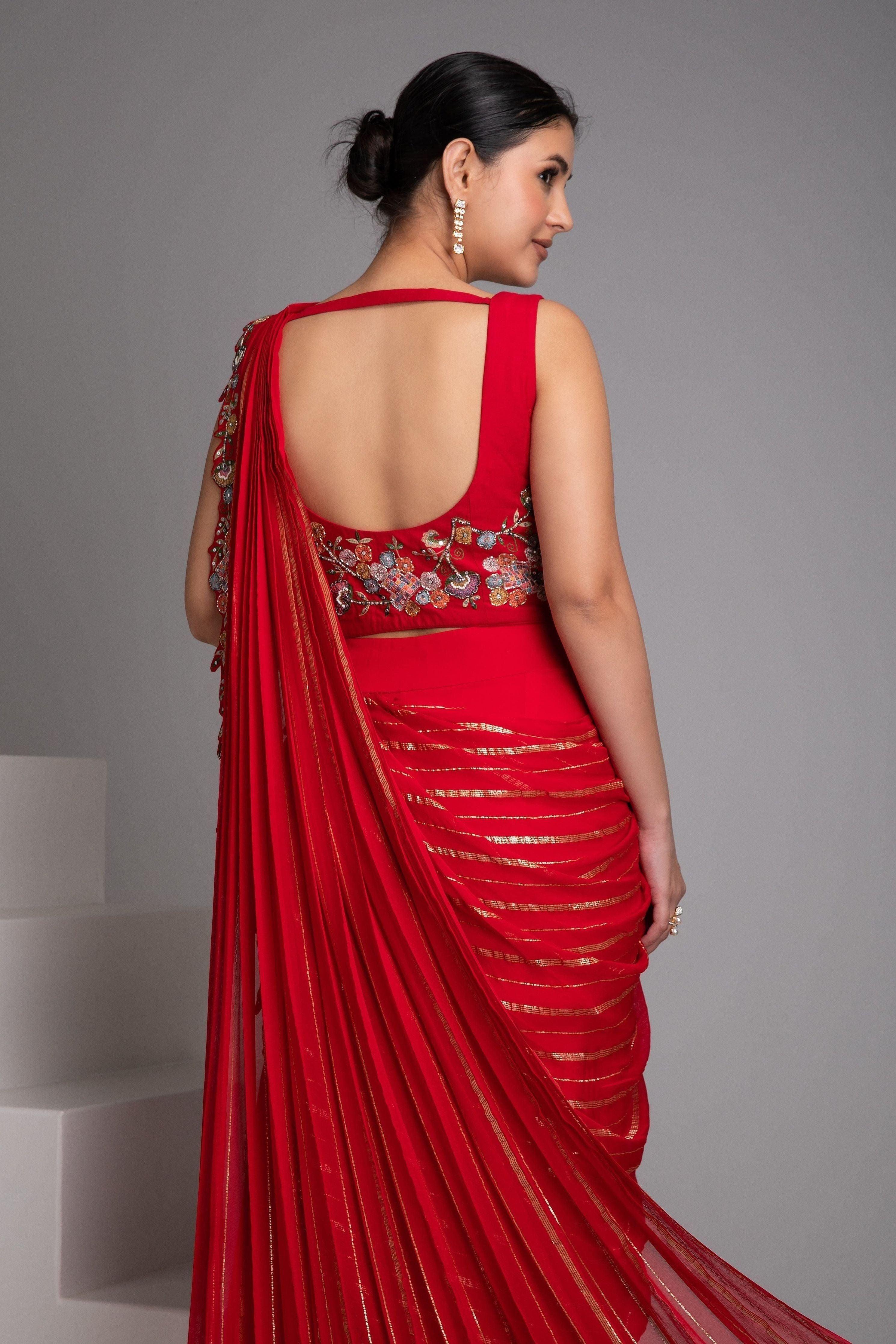 Crimson Red Sharara Set with Draped Dupatta - Mokshaa