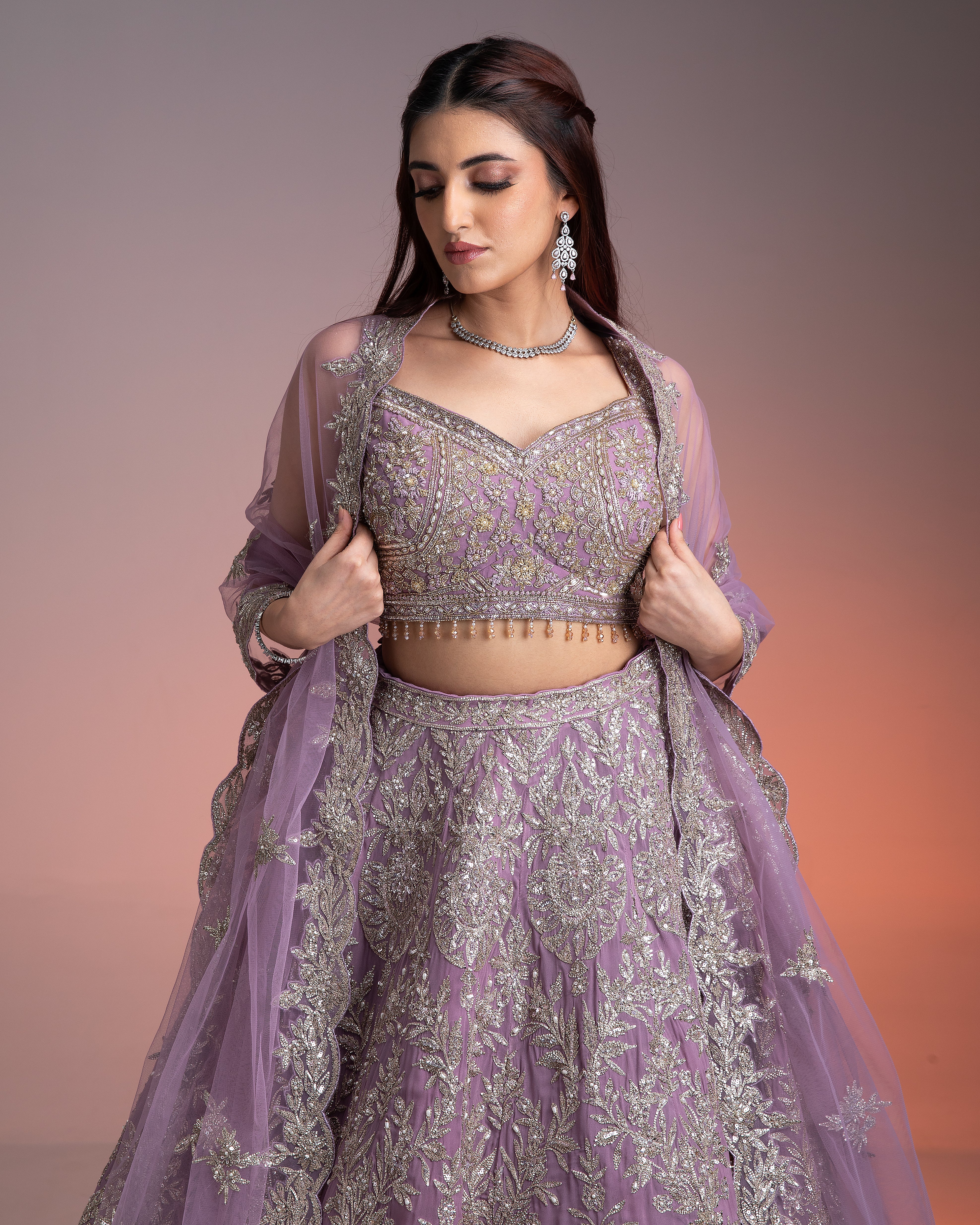Stunning Lavender Georgette Lehenga with Silver Embroidery Mokshaa