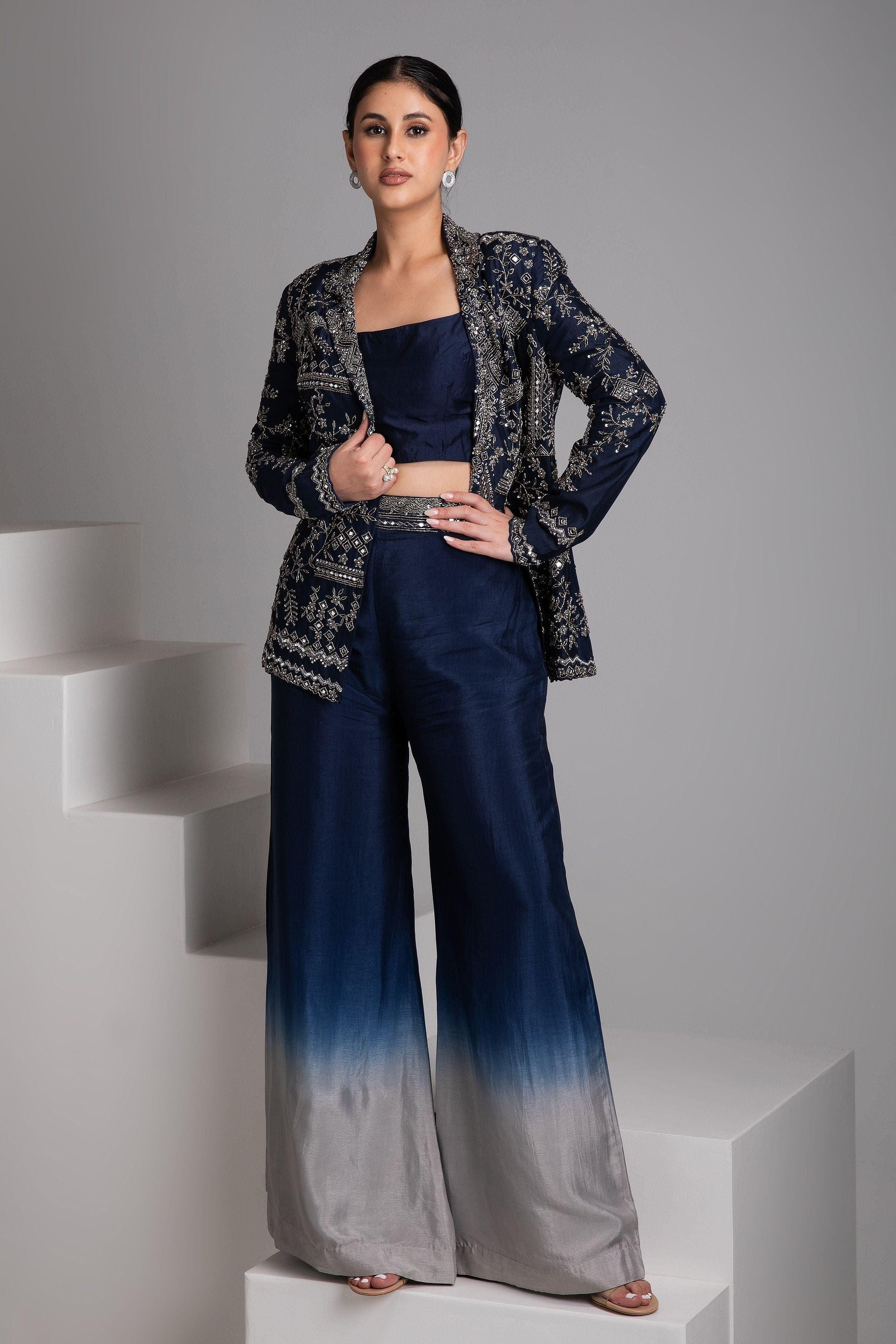 Blue Embroidered Jacket Set with Ombre Pants - Mokshaa
