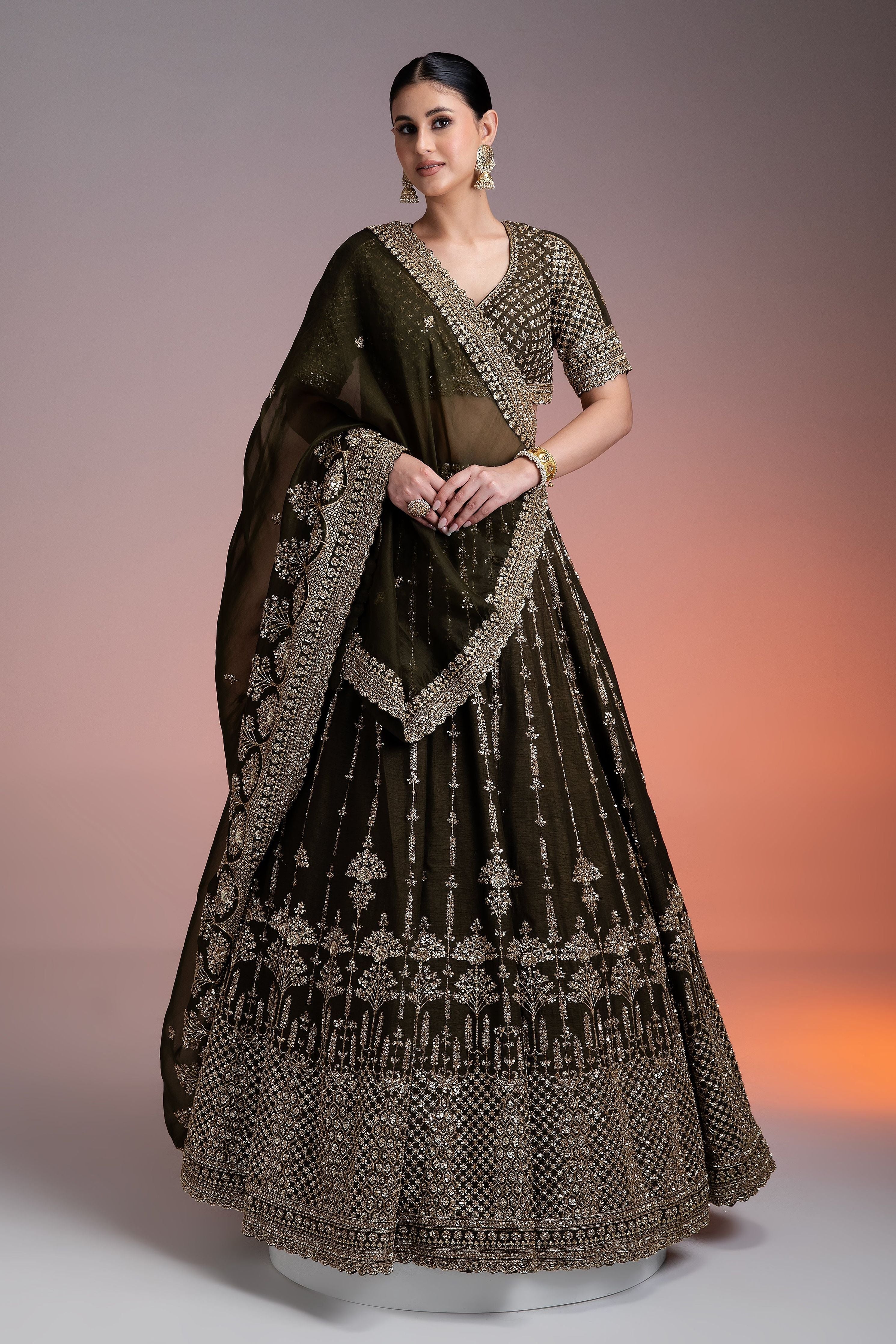 Olive Green Silk Lehenga with Gold Zari and Organza Dupatta Mokshaa