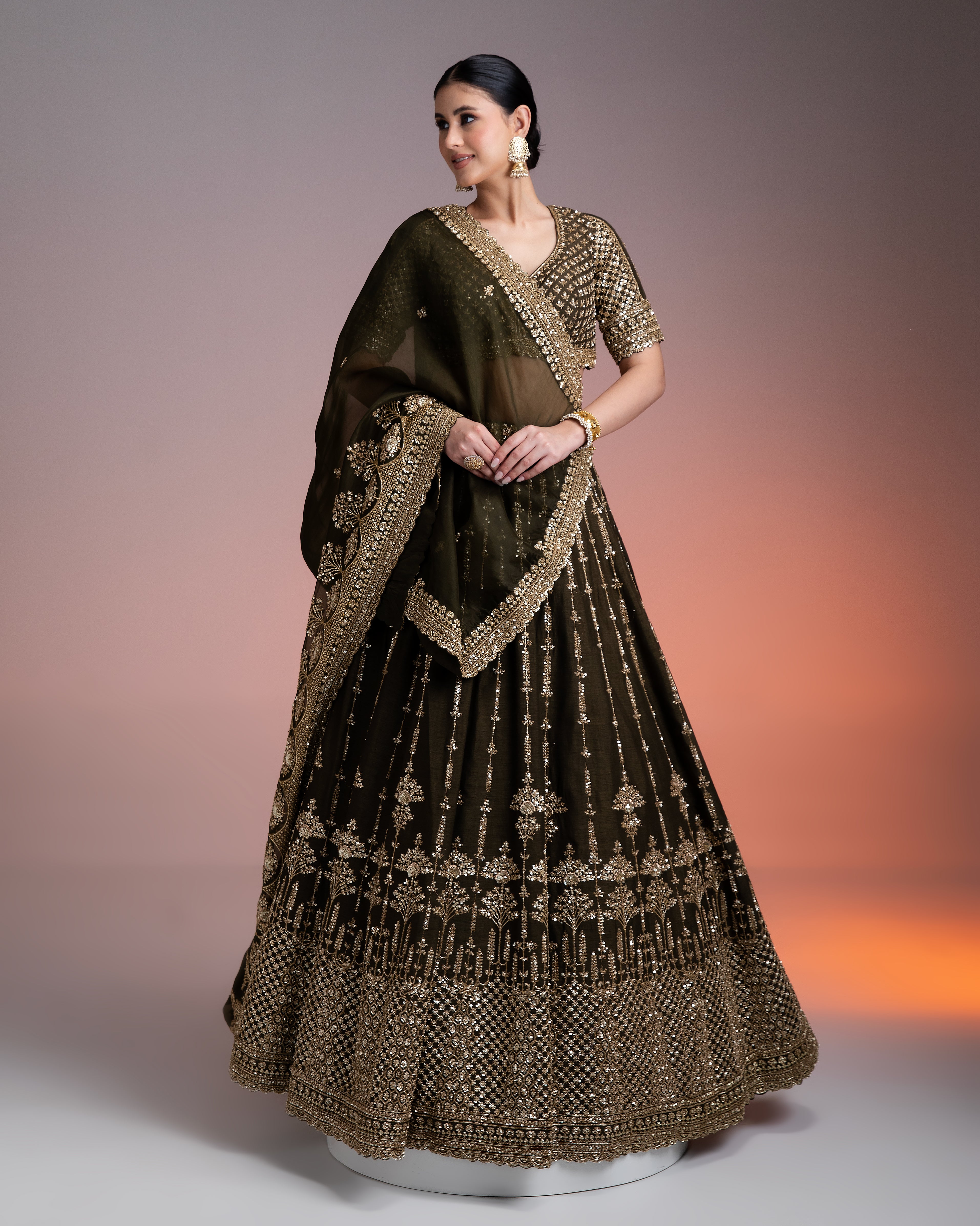 Olive Green Silk Lehenga with Gold Zari and Organza Dupatta Mokshaa