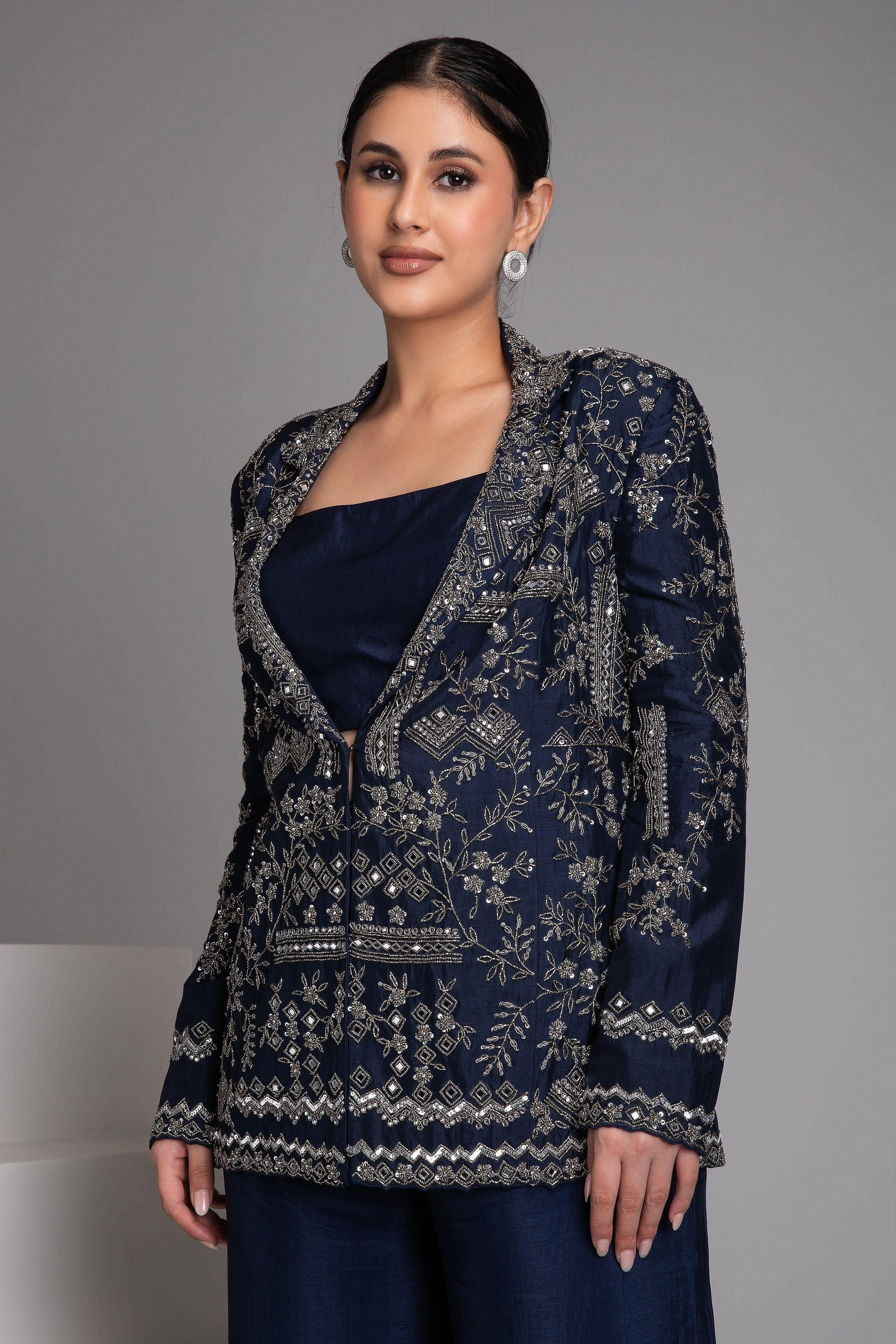 Blue Embroidered Jacket Set with Ombre Pants - Mokshaa
