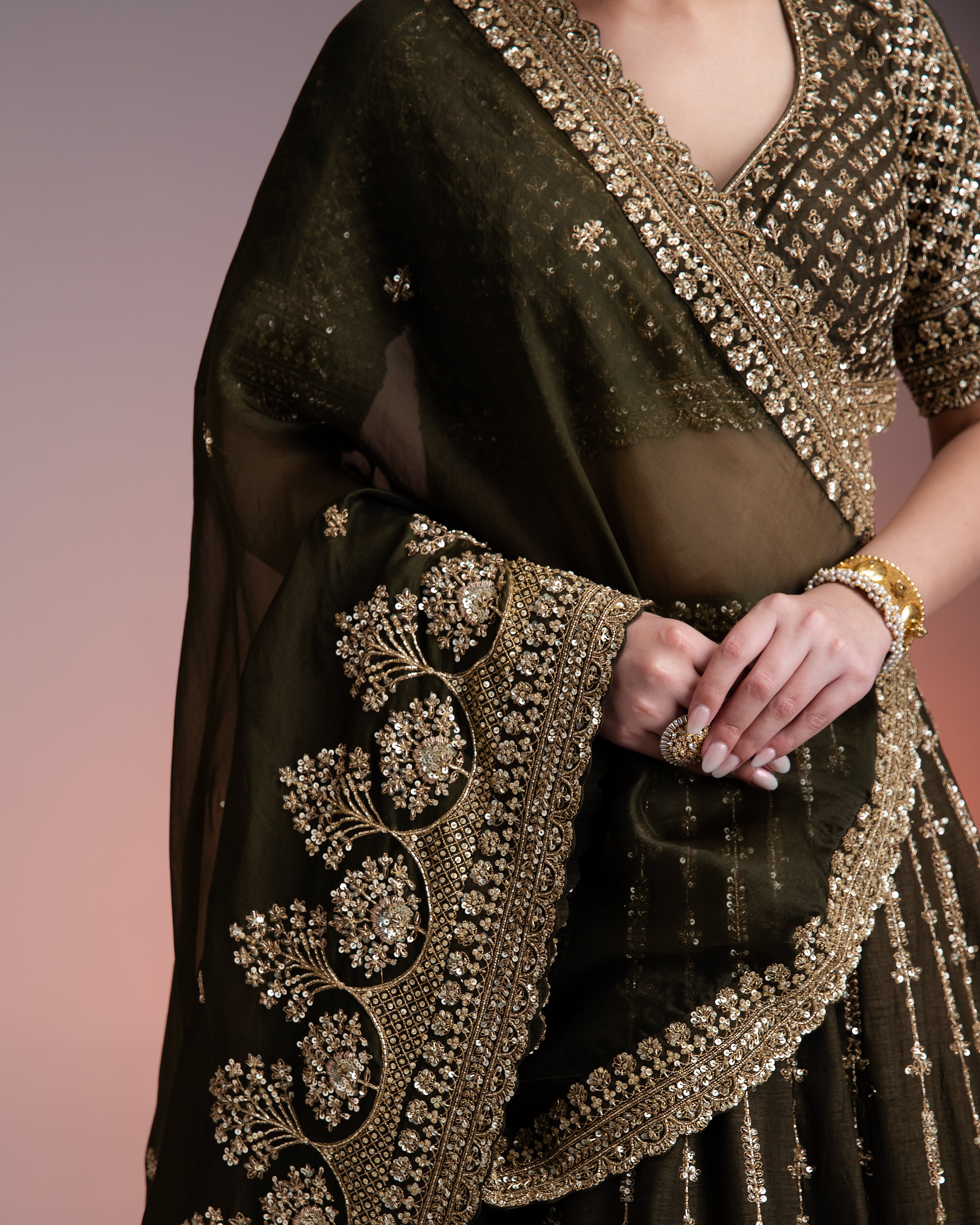 Olive Green Silk Lehenga with Gold Zari and Organza Dupatta Mokshaa