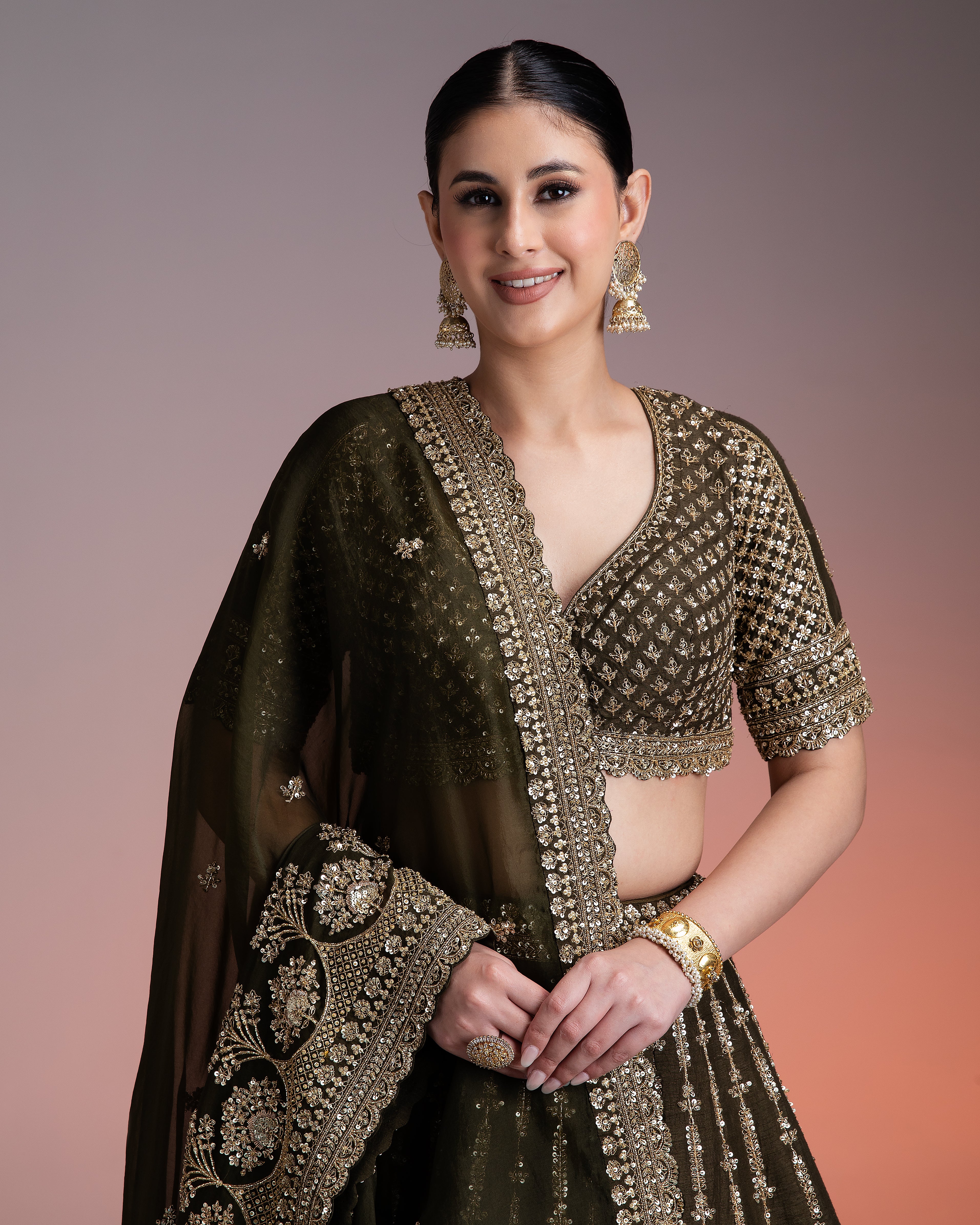 Olive Green Silk Lehenga with Gold Zari and Organza Dupatta Mokshaa