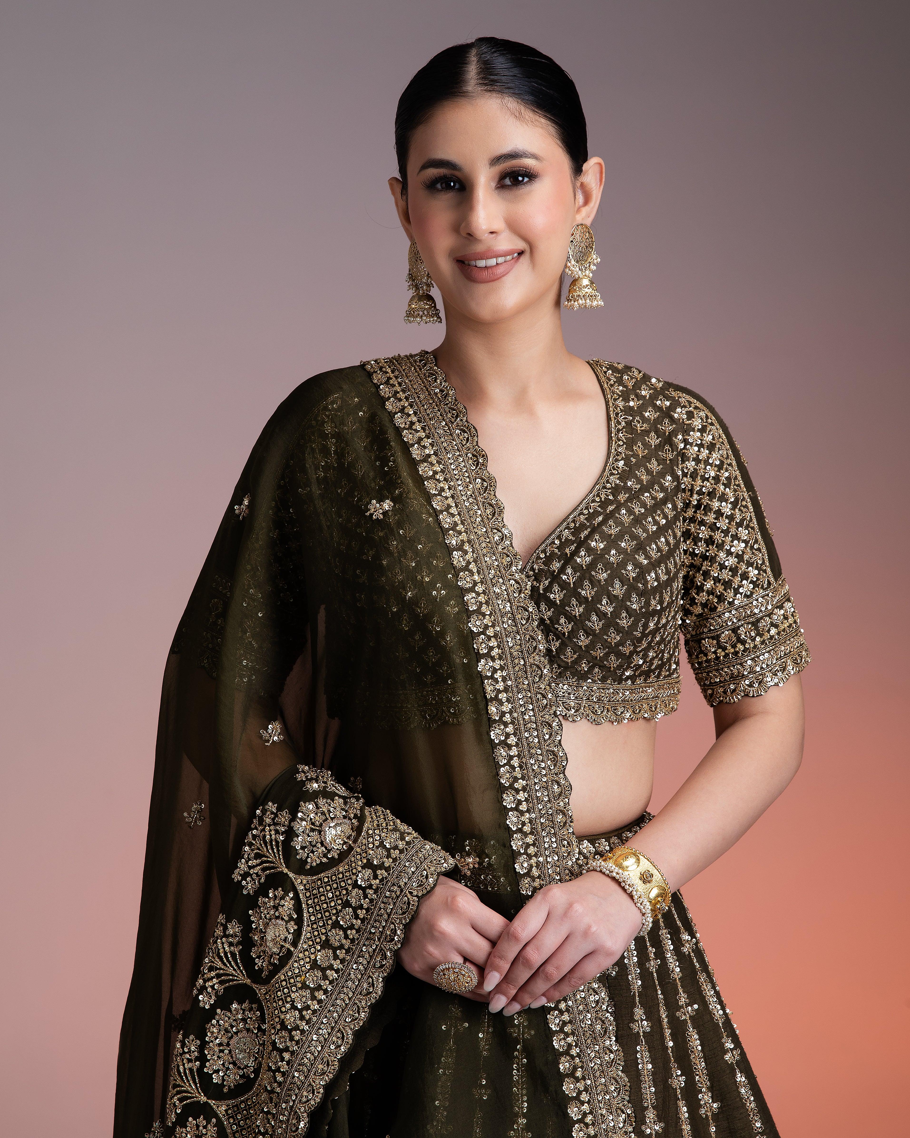 Olive Green Silk Lehenga with Gold Zari and Organza Dupatta Mokshaa