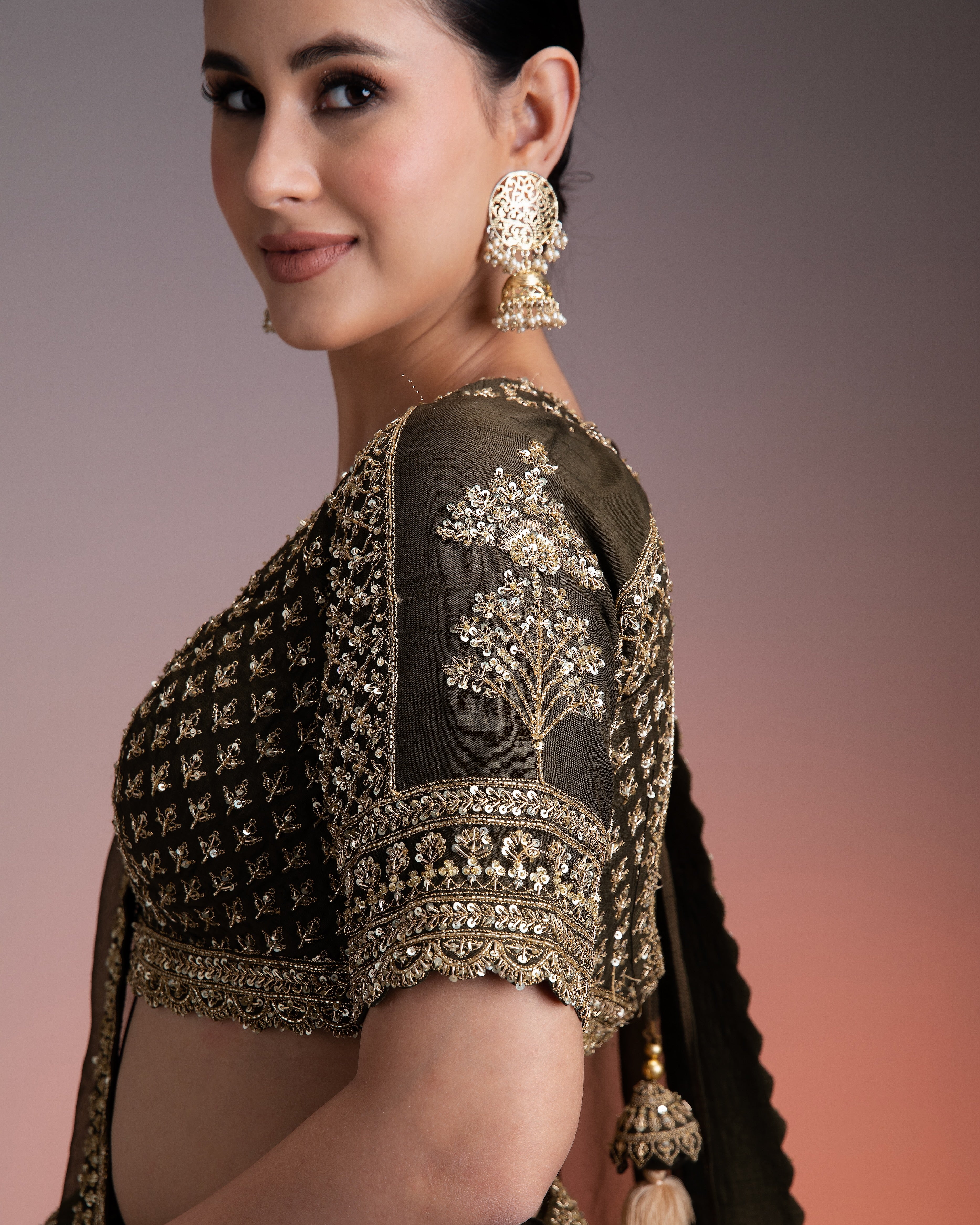 Olive Green Silk Lehenga with Gold Zari and Organza Dupatta Mokshaa