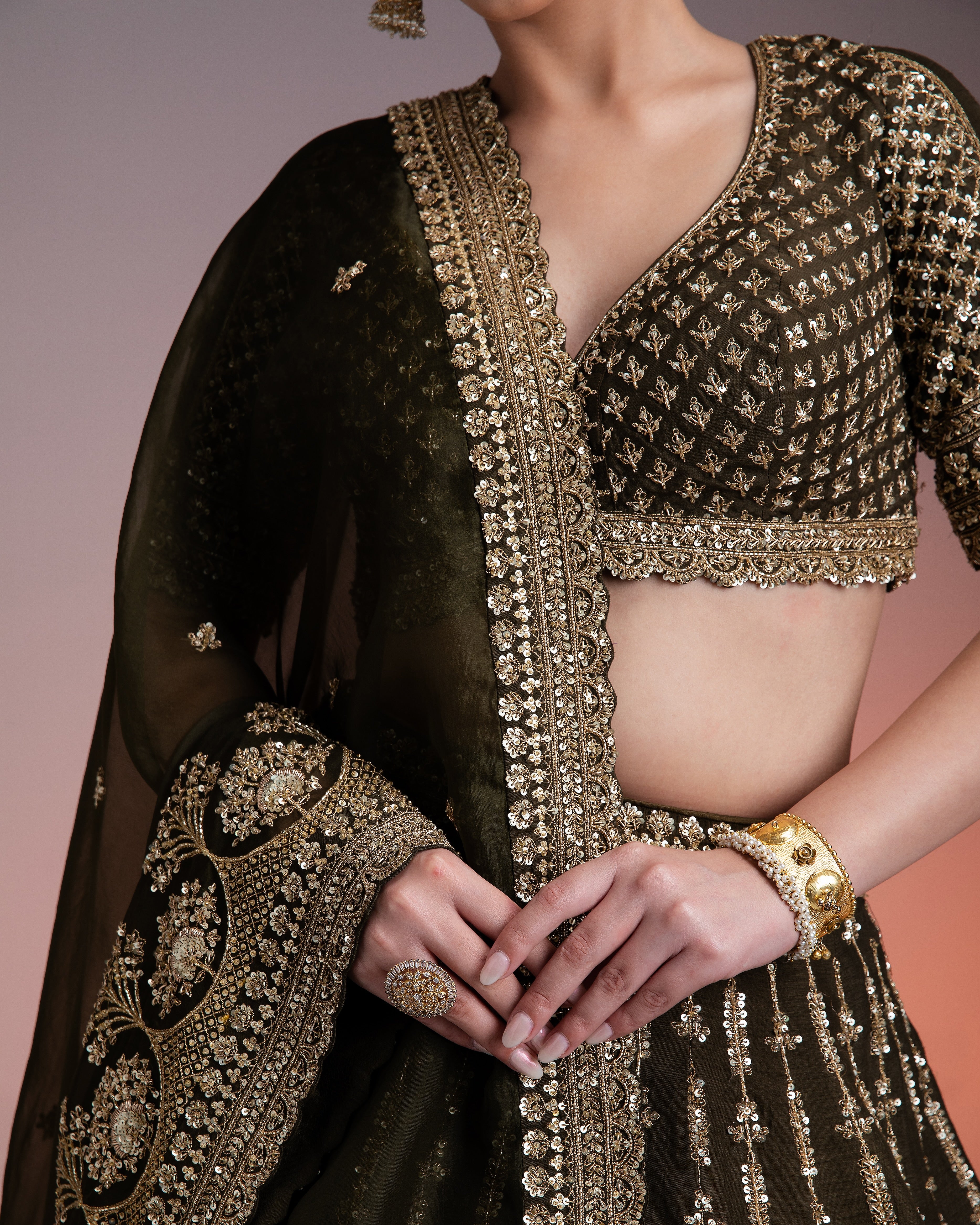 Olive Green Silk Lehenga with Gold Zari and Organza Dupatta Mokshaa