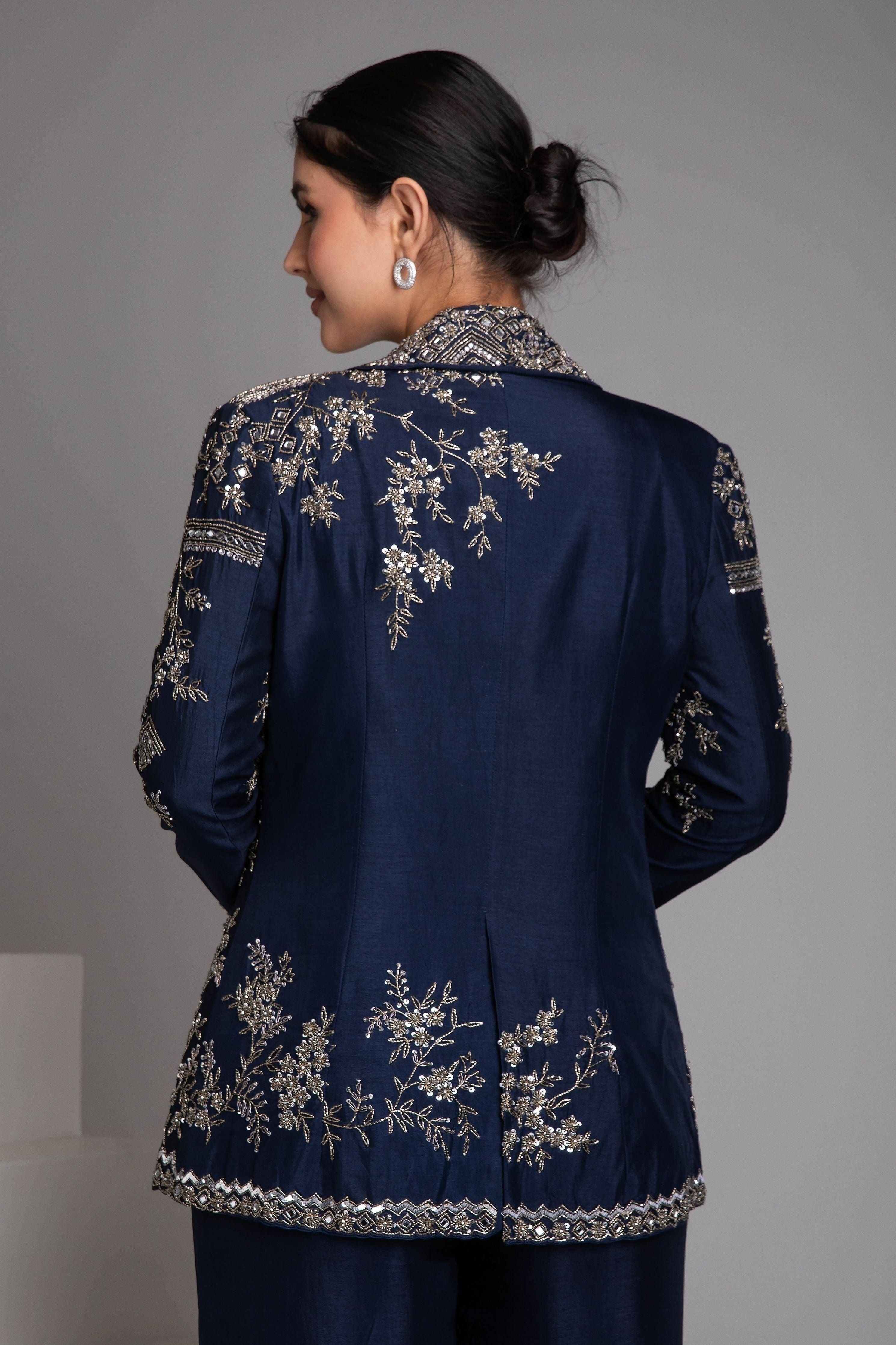 Blue Embroidered Jacket Set with Ombre Pants - Mokshaa