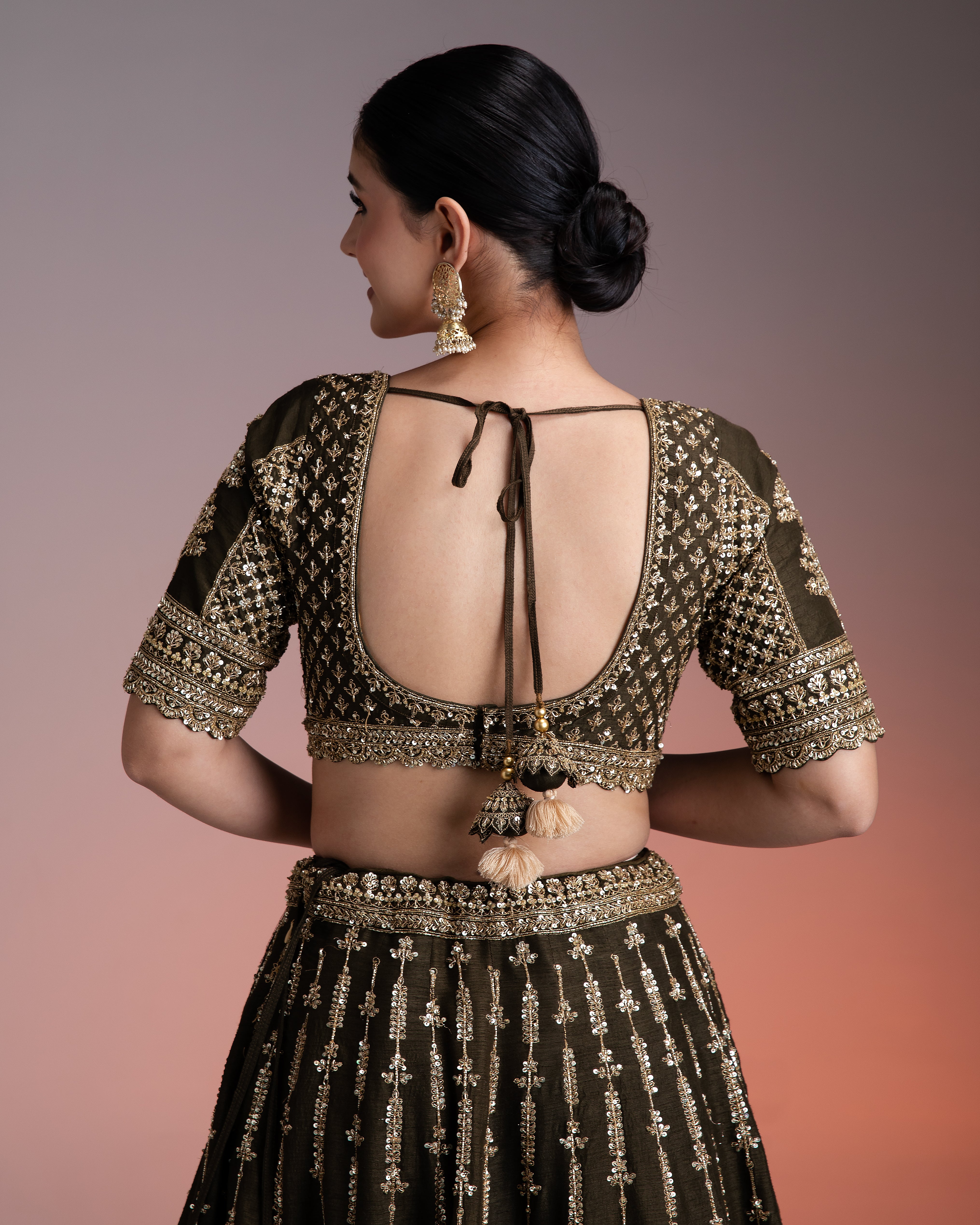 Olive Green Silk Lehenga with Gold Zari and Organza Dupatta Mokshaa