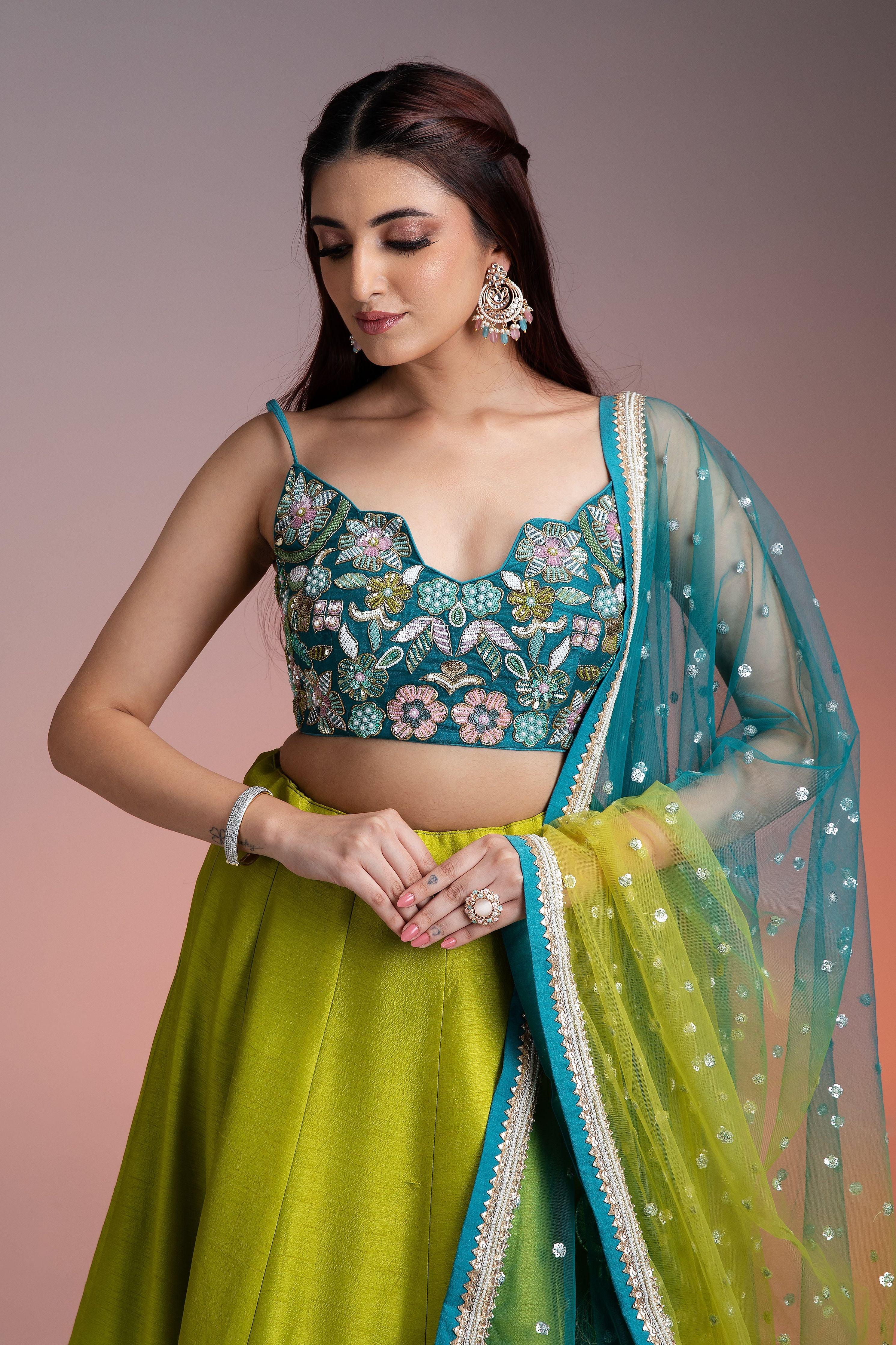 Green Blue Ombre Silk Lehenga with Floral Threadwork and Net Dupatta Mokshaa