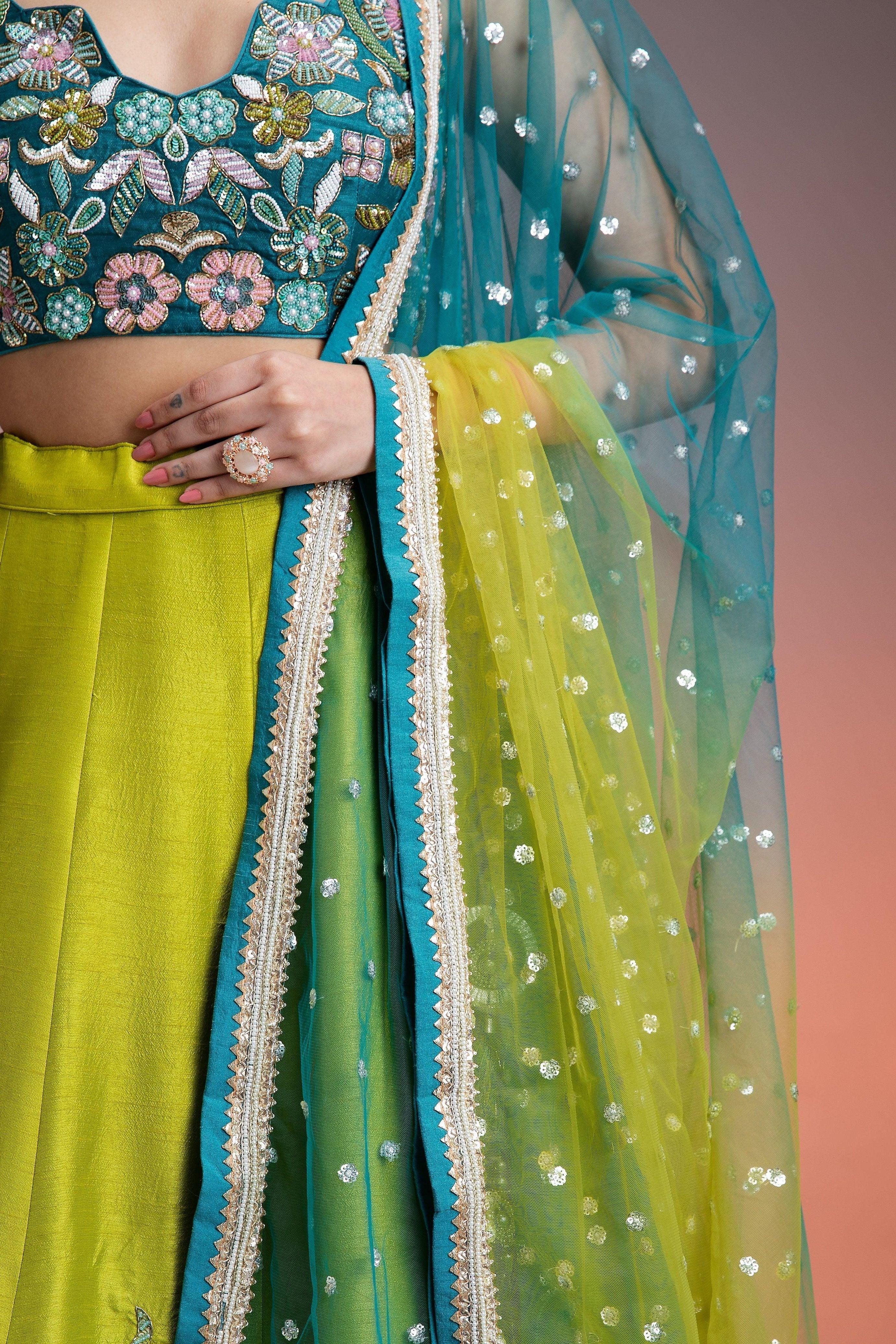 Green Blue Ombre Silk Lehenga with Floral Threadwork and Net Dupatta Mokshaa