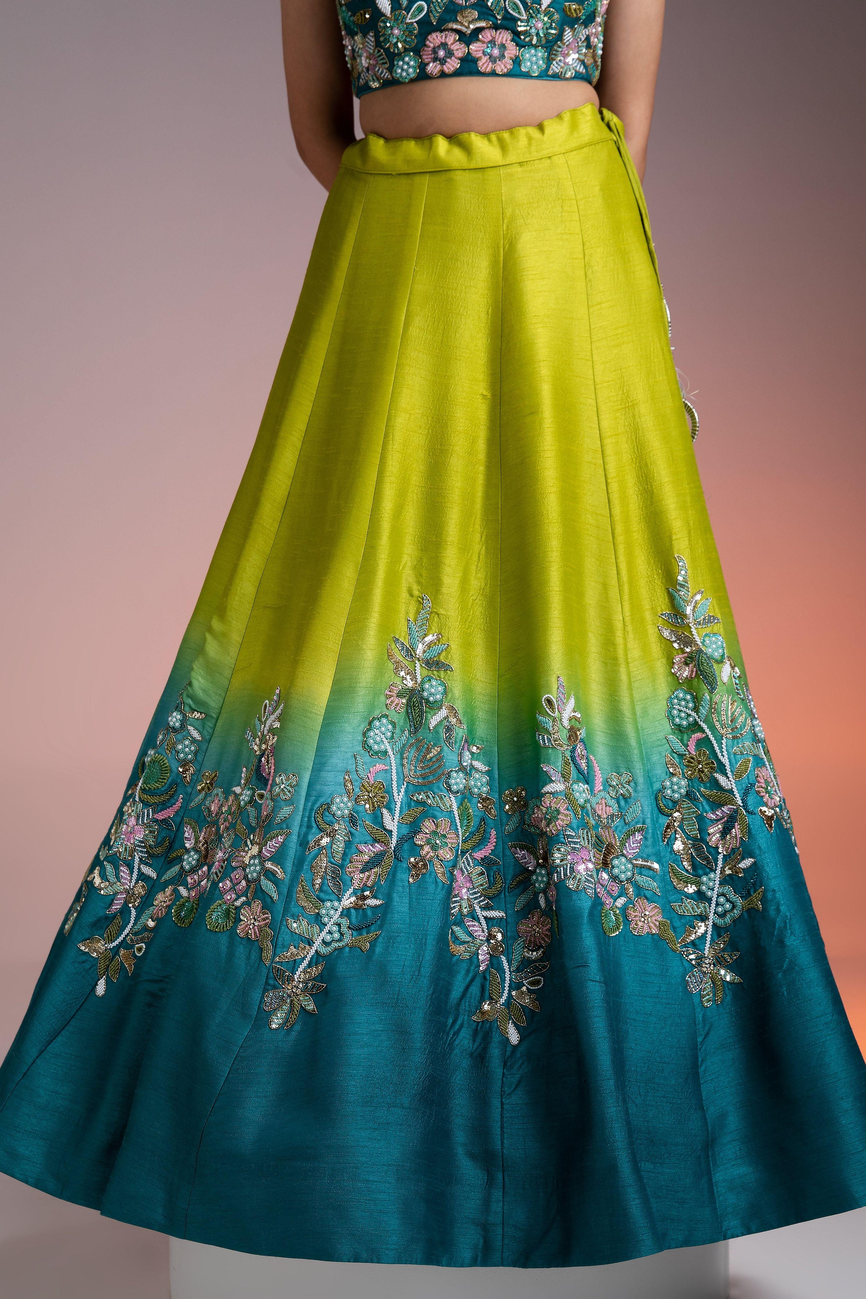 Green Blue Ombre Silk Lehenga with Floral Threadwork and Net Dupatta Mokshaa