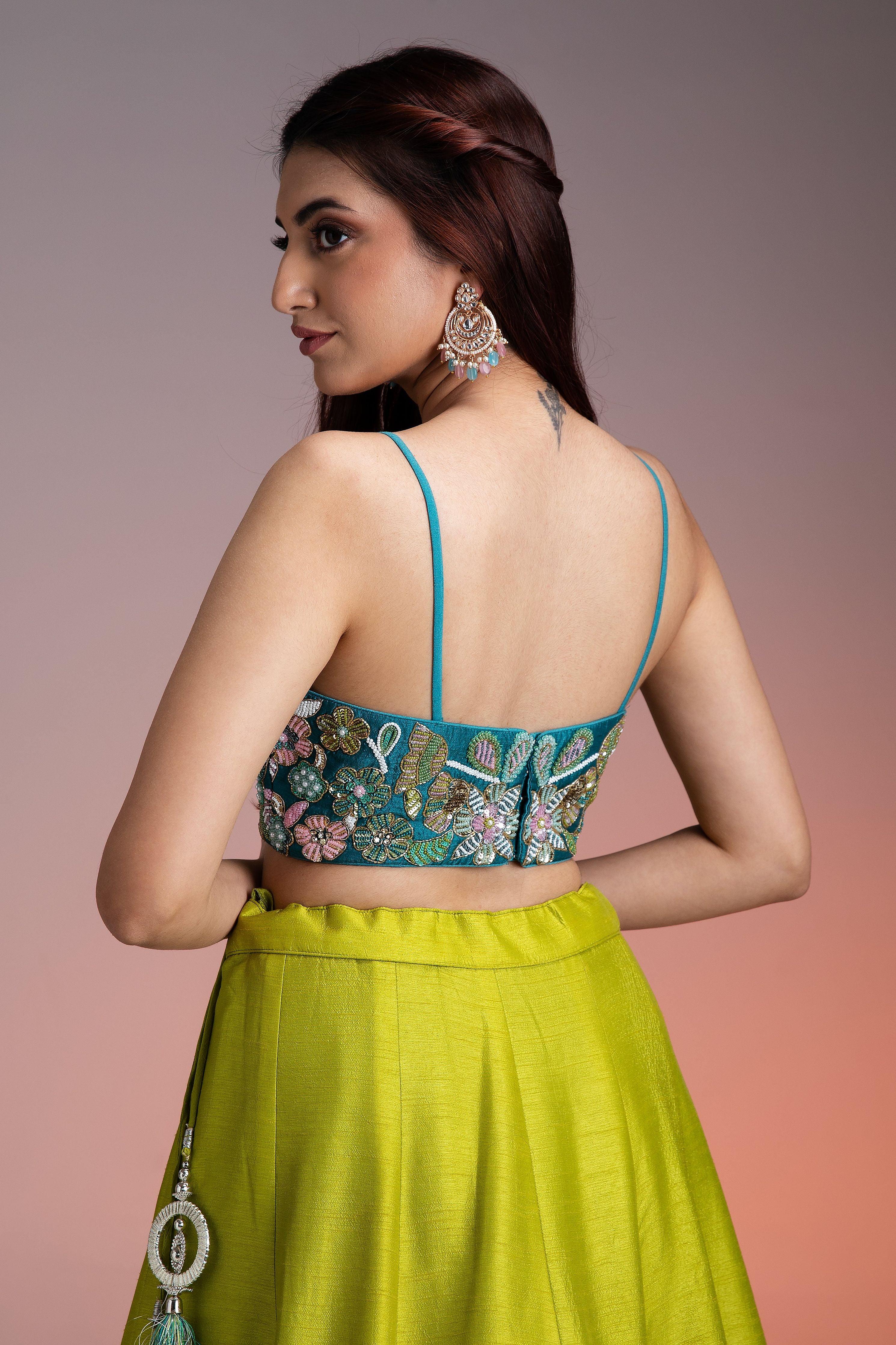 Green Blue Ombre Silk Lehenga with Floral Threadwork and Net Dupatta Mokshaa
