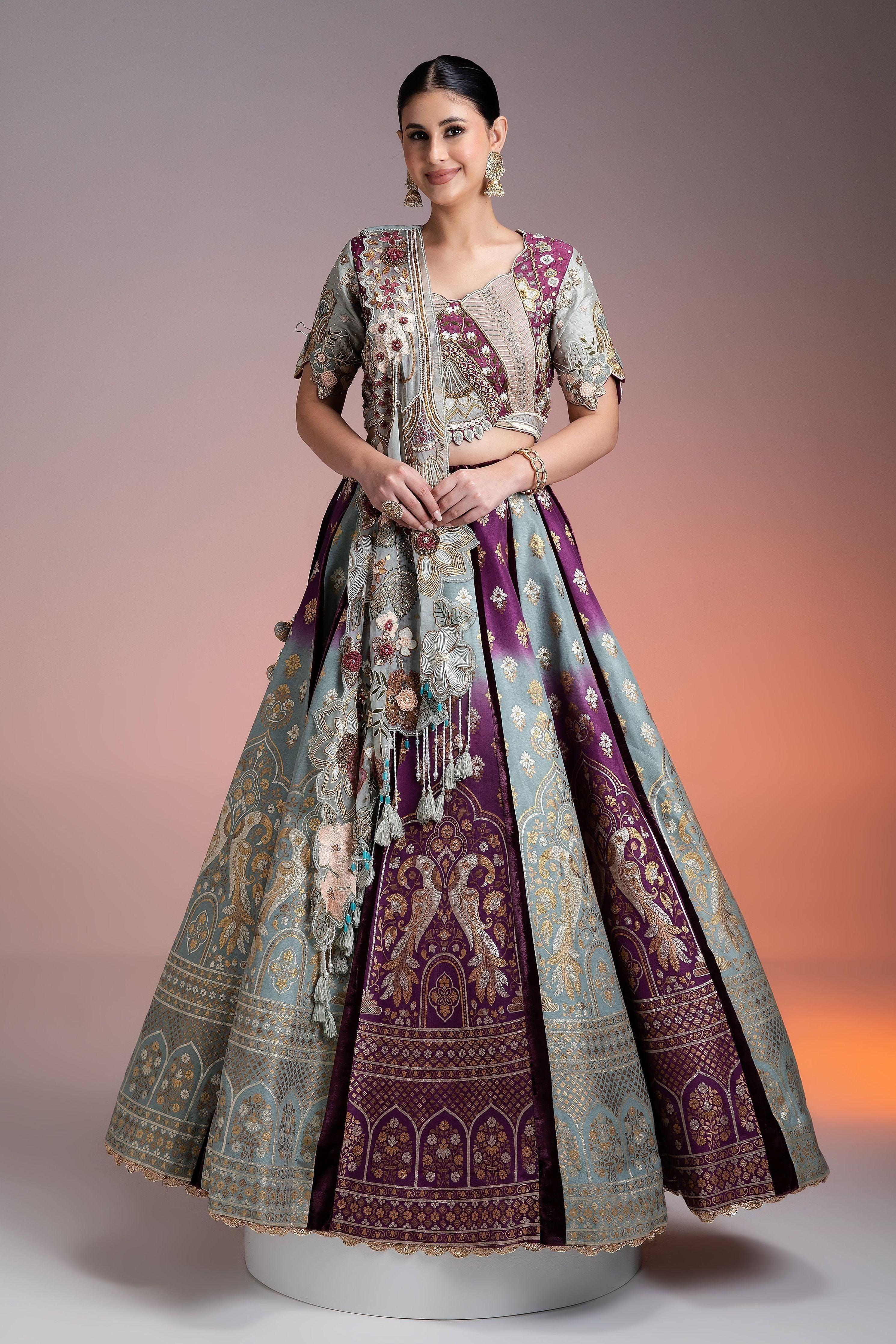 Silk Brocade Lehenga in Muted Pastels and Maroon with Floral Threadwork and Velvet Accents Mokshaa