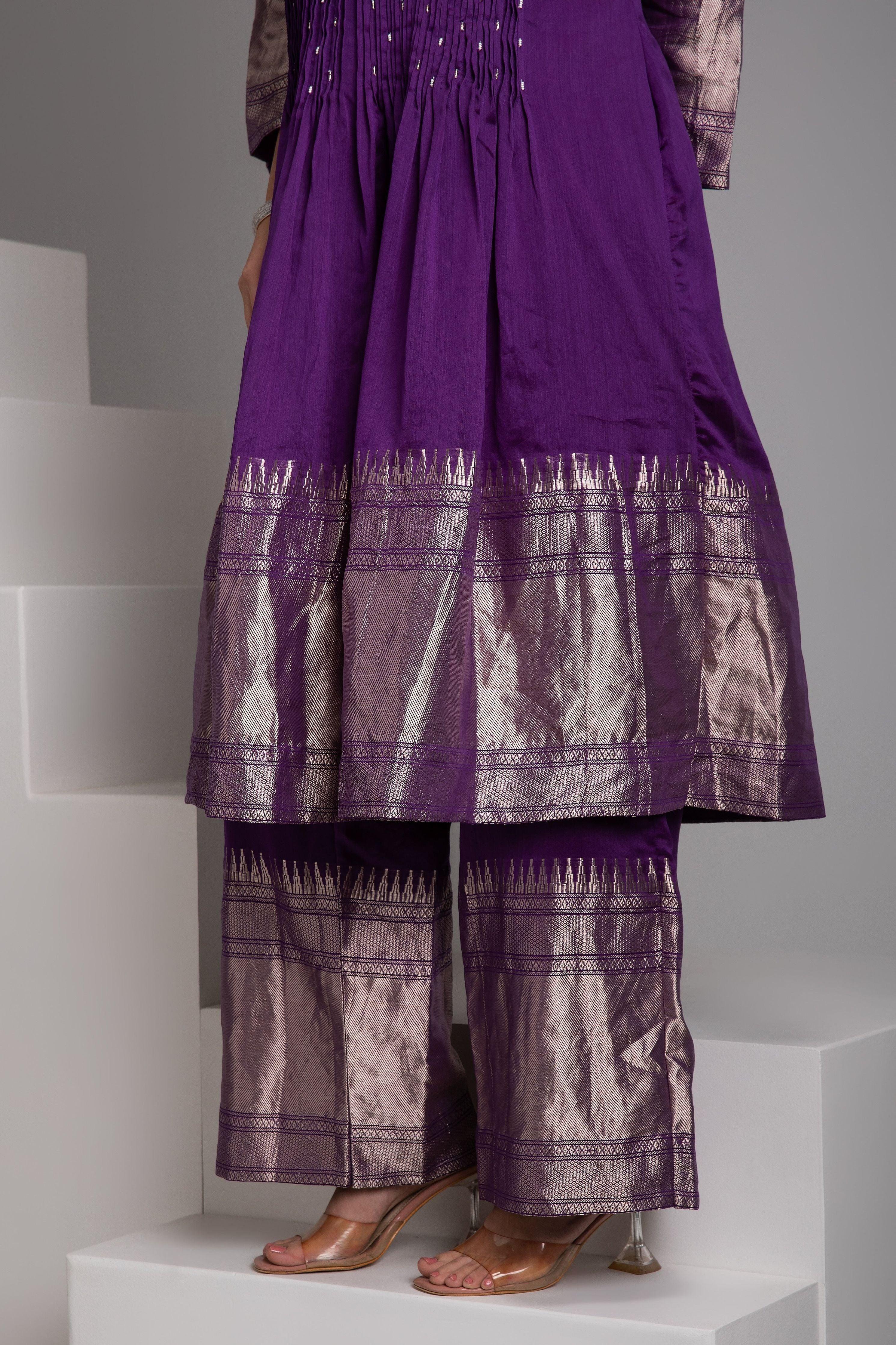 Purple Banarasi Short Anarkali Set - Mokshaa
