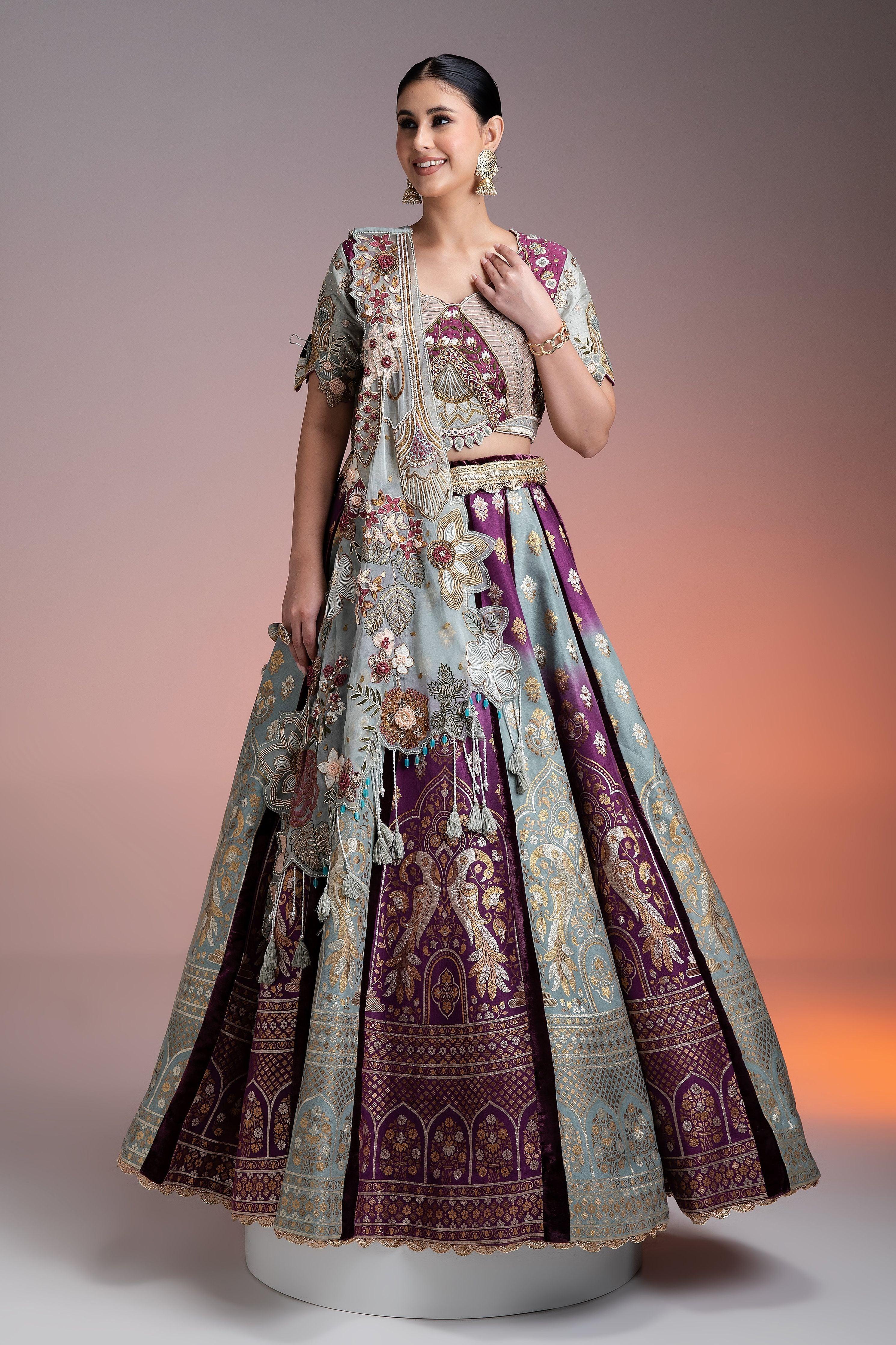 Silk Brocade Lehenga in Muted Pastels and Maroon with Floral Threadwork and Velvet Accents Mokshaa