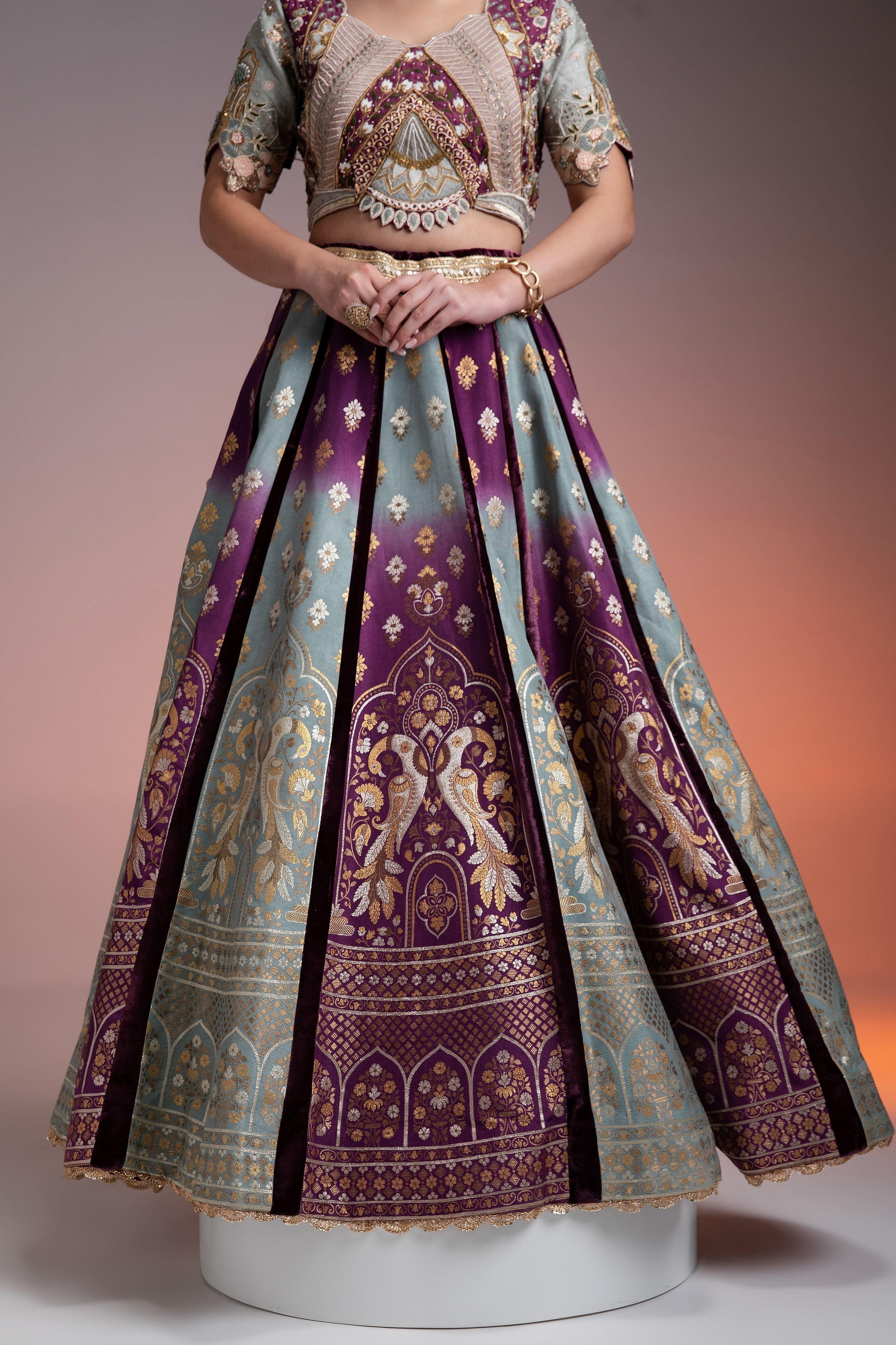 Silk Brocade Lehenga in Muted Pastels and Maroon with Floral Threadwork and Velvet Accents Mokshaa