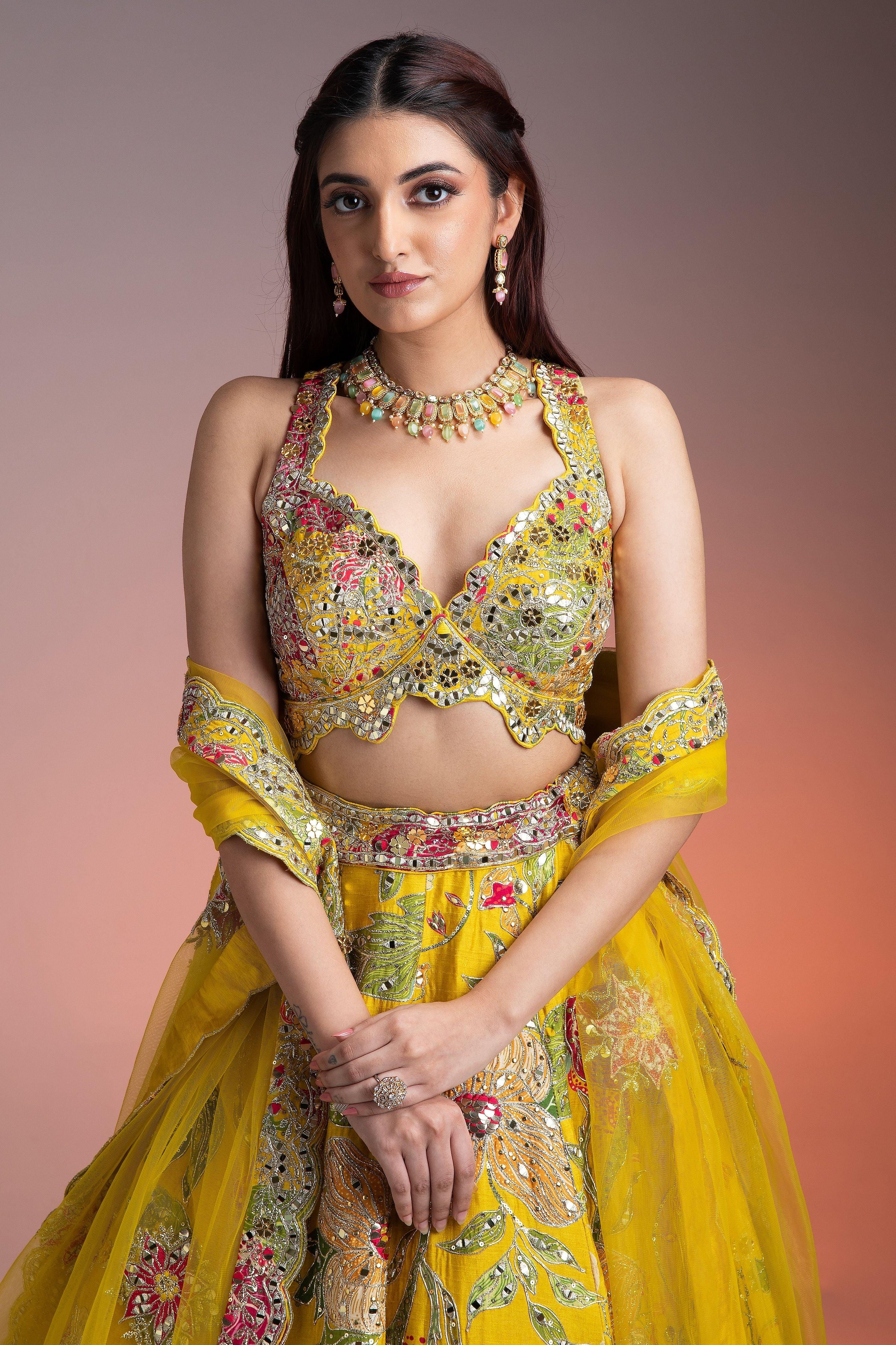 Bright Yellow Silk Lehenga with Multicolor Floral Print and Mirror Embellishments Mokshaa
