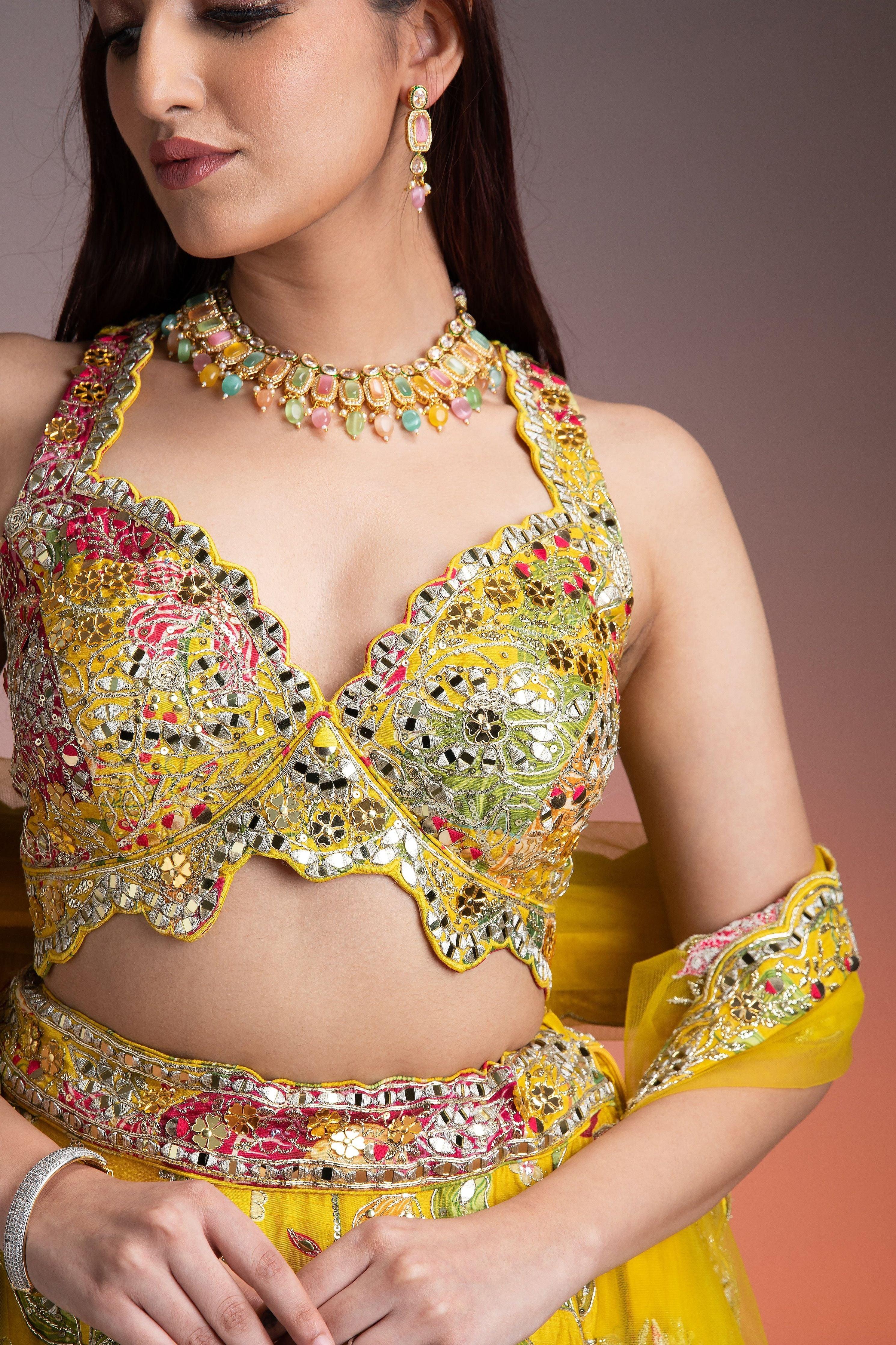 Bright Yellow Silk Lehenga with Multicolor Floral Print and Mirror Embellishments Mokshaa