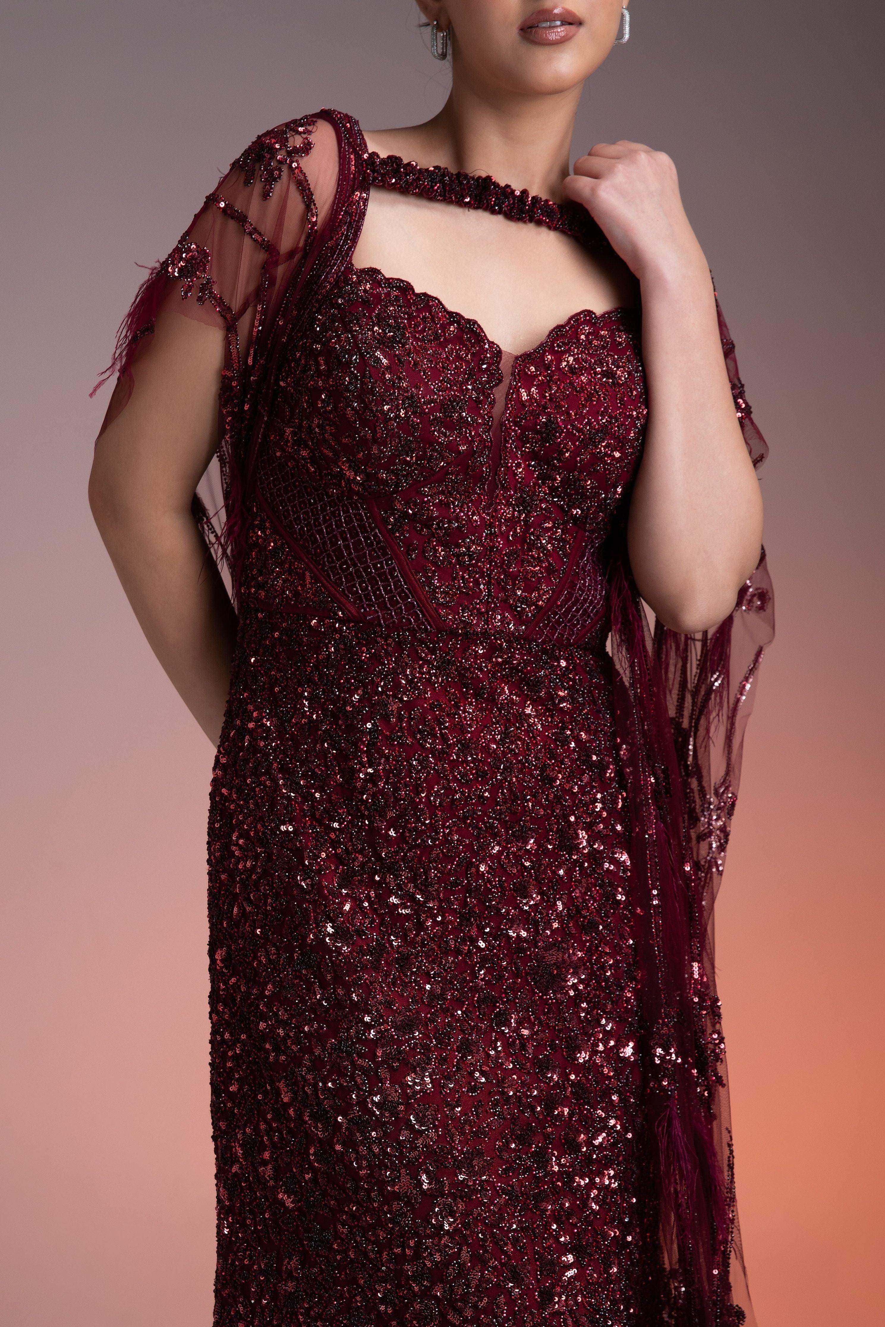 Maroon Sequined Gown with Sheer Cape - Mokshaa
