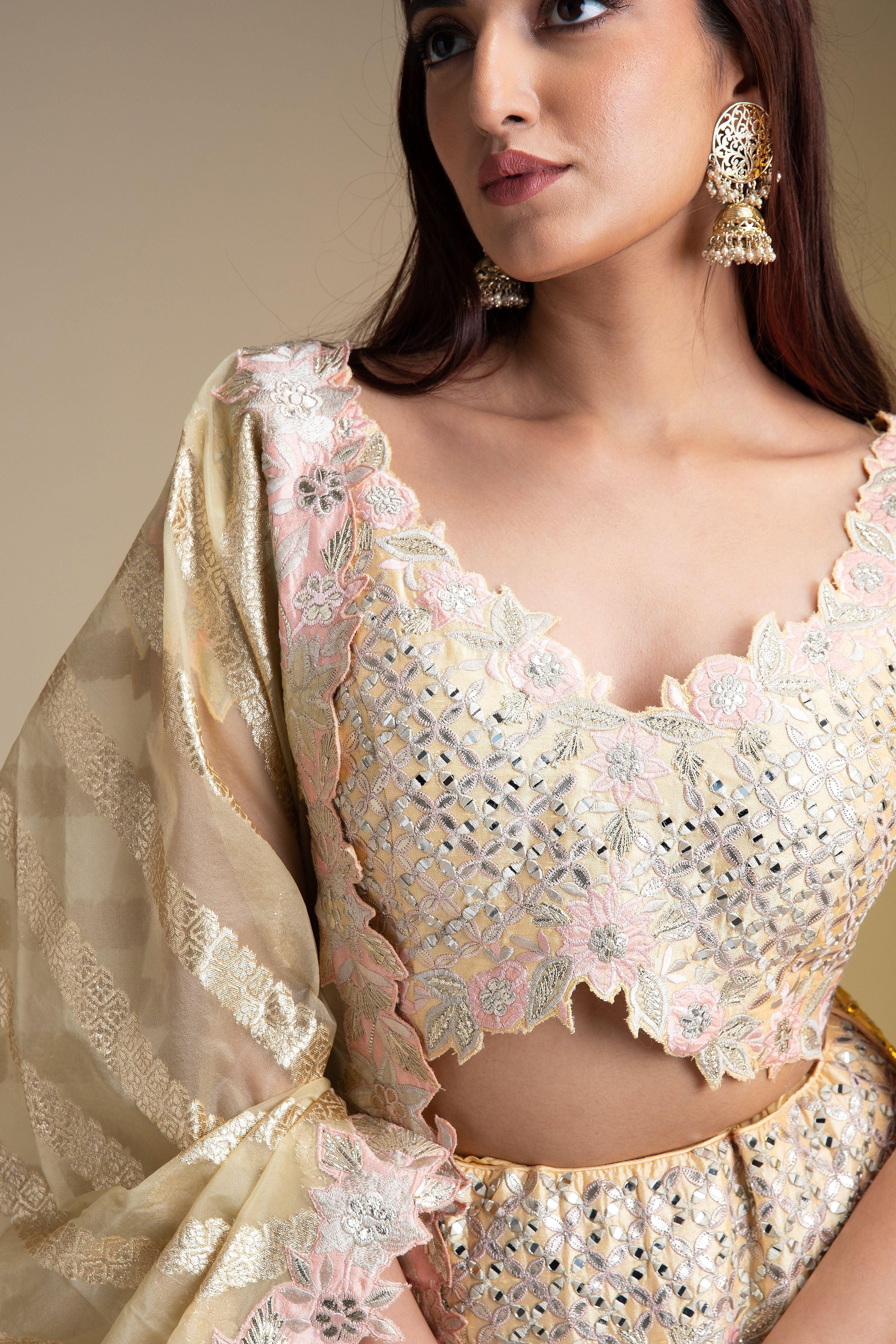 Maize Yellow Silk Lehenga with Pastel Floral Accents and Green Dupatta - Mokshaa