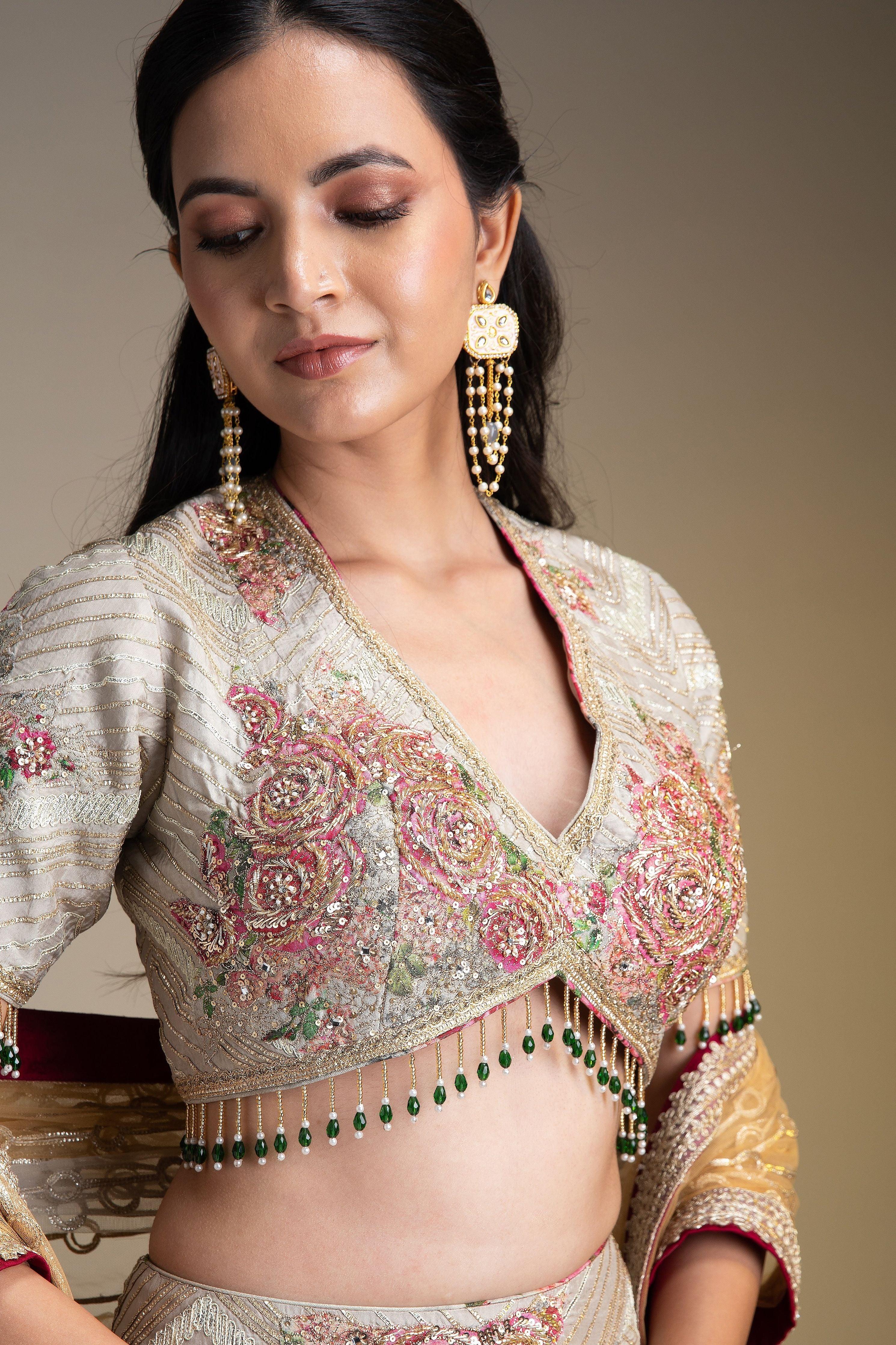 Opulent Silver Tissue Lehenga Set with Vibrant Floral Print and Zari Work - Mokshaa