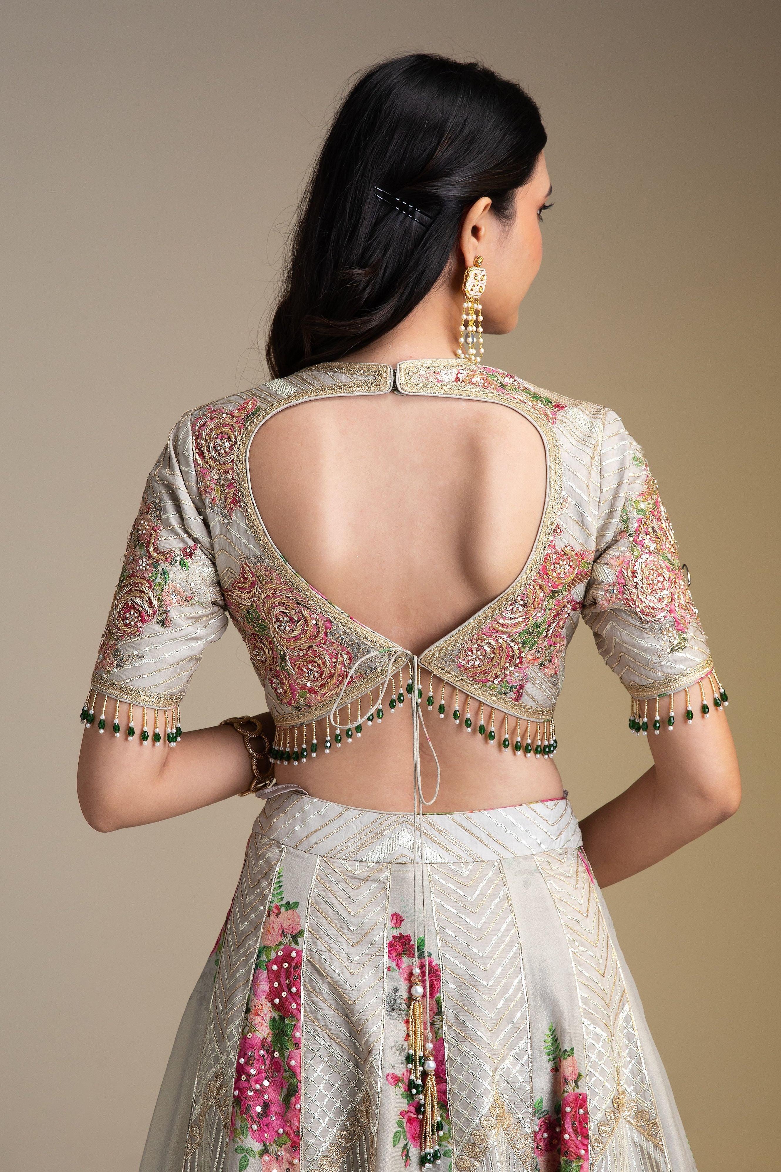 Opulent Silver Tissue Lehenga Set with Vibrant Floral Print and Zari Work - Mokshaa