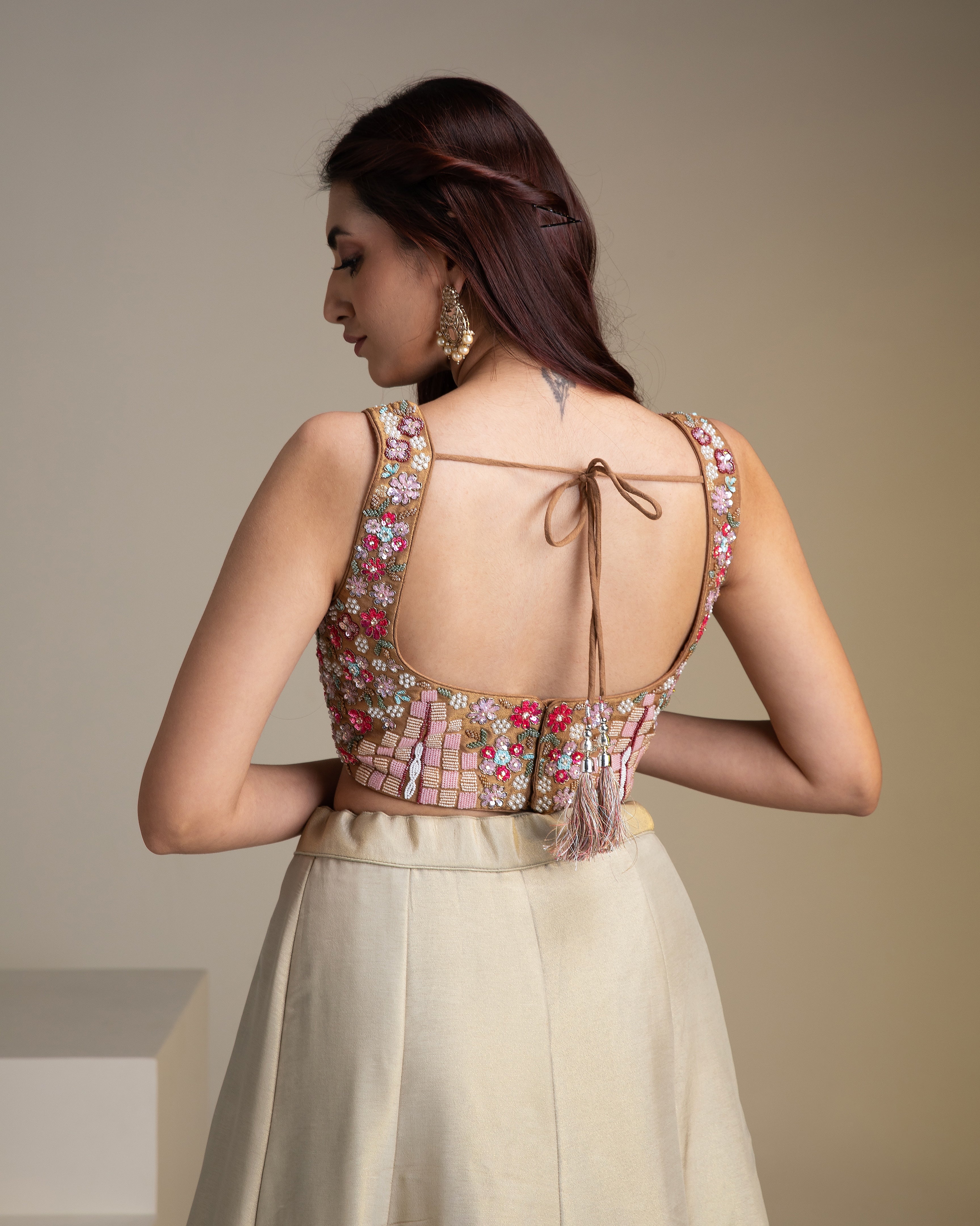 Beige and Copper Silk Lehenga Set with Intricate Floral Embroidery - Mokshaa