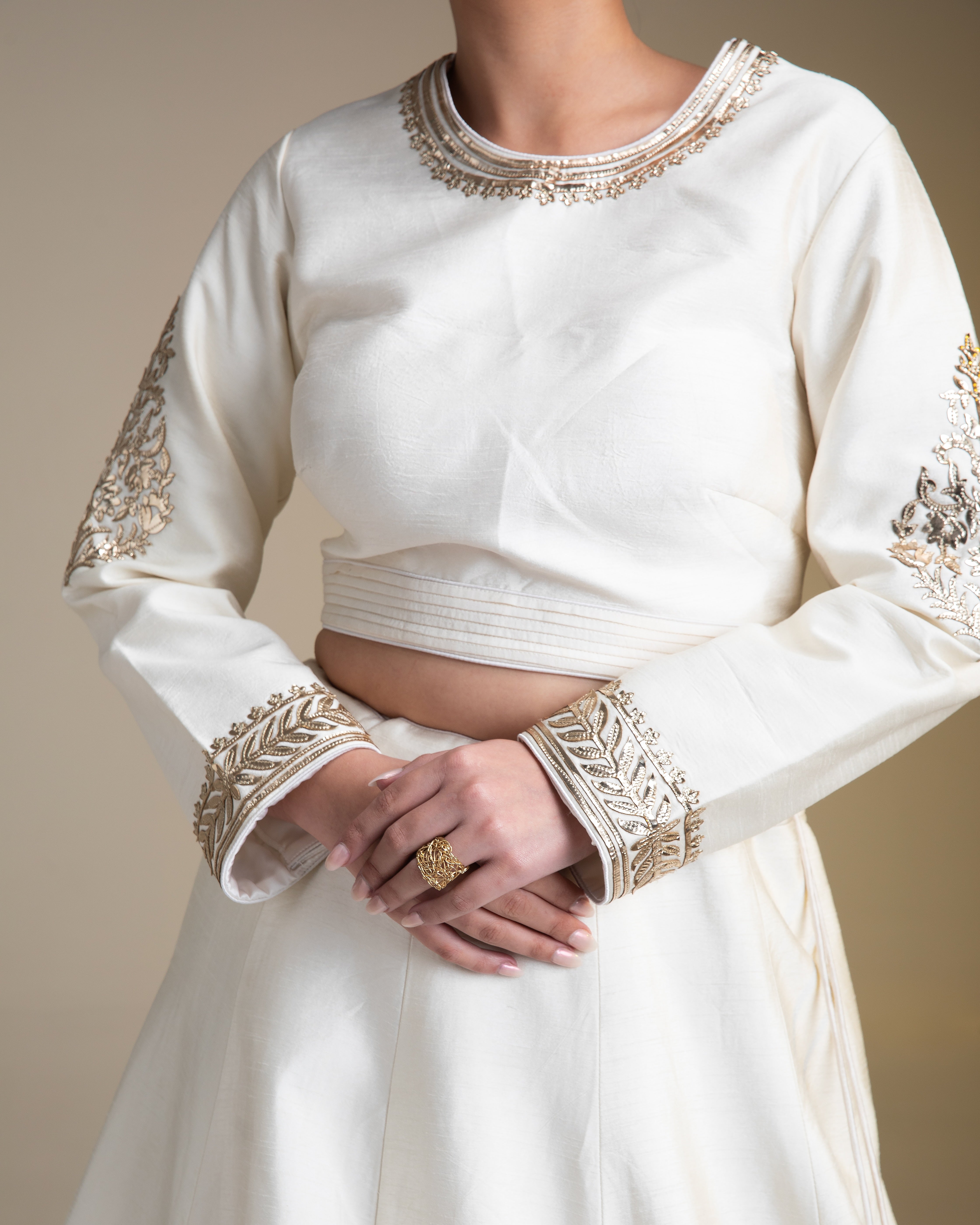 Pristine White Silk Lehenga Set with Metallic Gold Embroidery - Mokshaa
